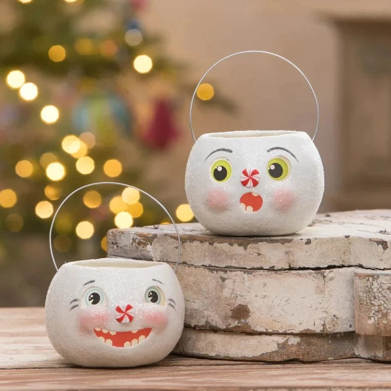 Happy Snowman Bucket Petite - Festive Holiday Decor by Bethany Lowe Designs - Perfect for Christmas Mantel, Table Centerpiece & Winter Home Decor