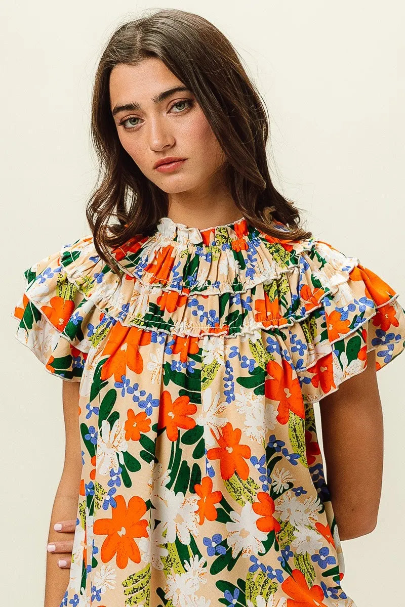 BiBi Women's Floral Print Woven Blouse - Casual Short Sleeve Summer Tops for Beach, Vacation & Everyday Wear