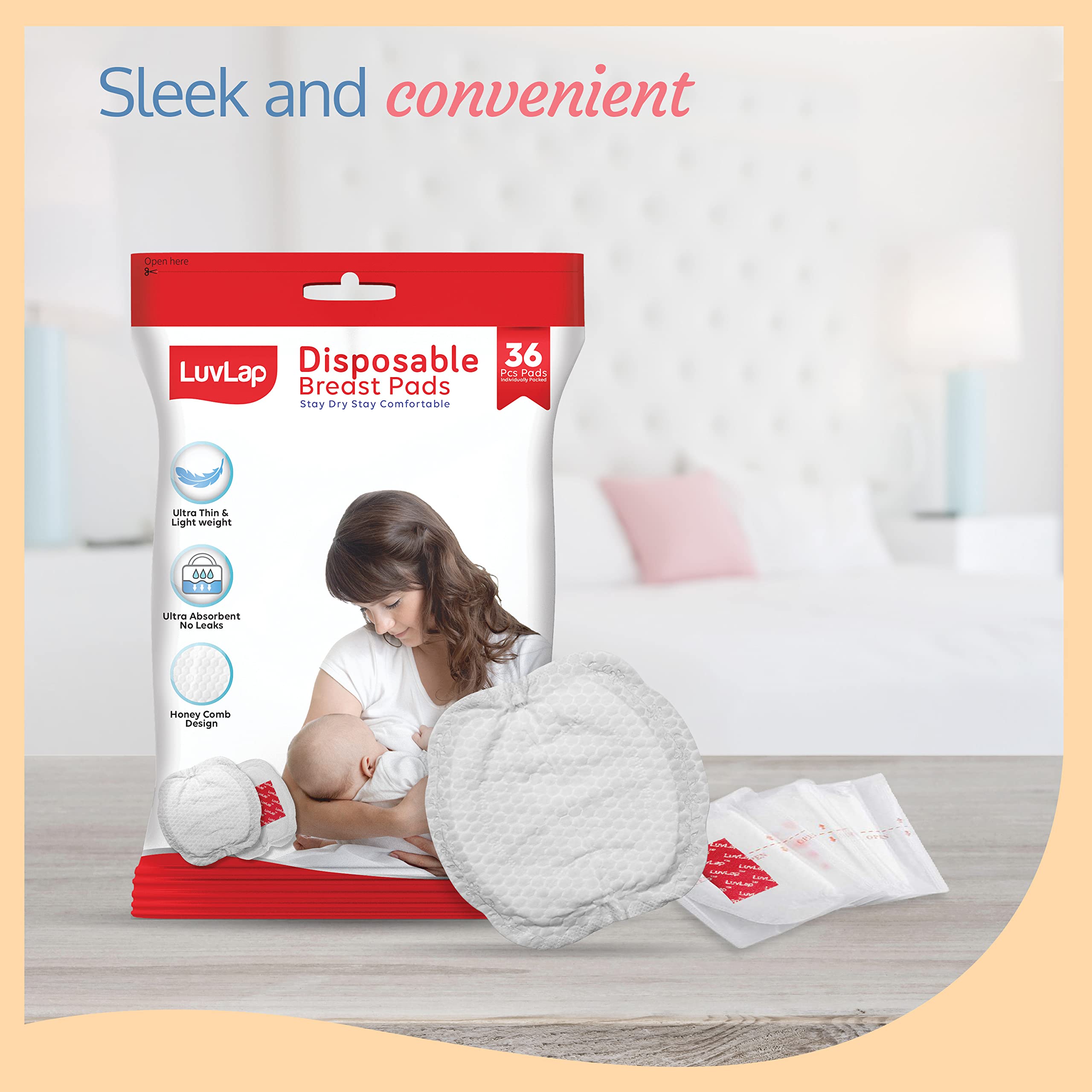 LuvLap Ultra Thin Honeycomb Nursing Breast Pads - 36 Count Disposable Maternity Pads for Breastfeeding - Super Absorbent, Soft & Comfortable - Discreet Fit with Resealable Pack - Perfect for Leak Protection at Work, Travel or Home Use