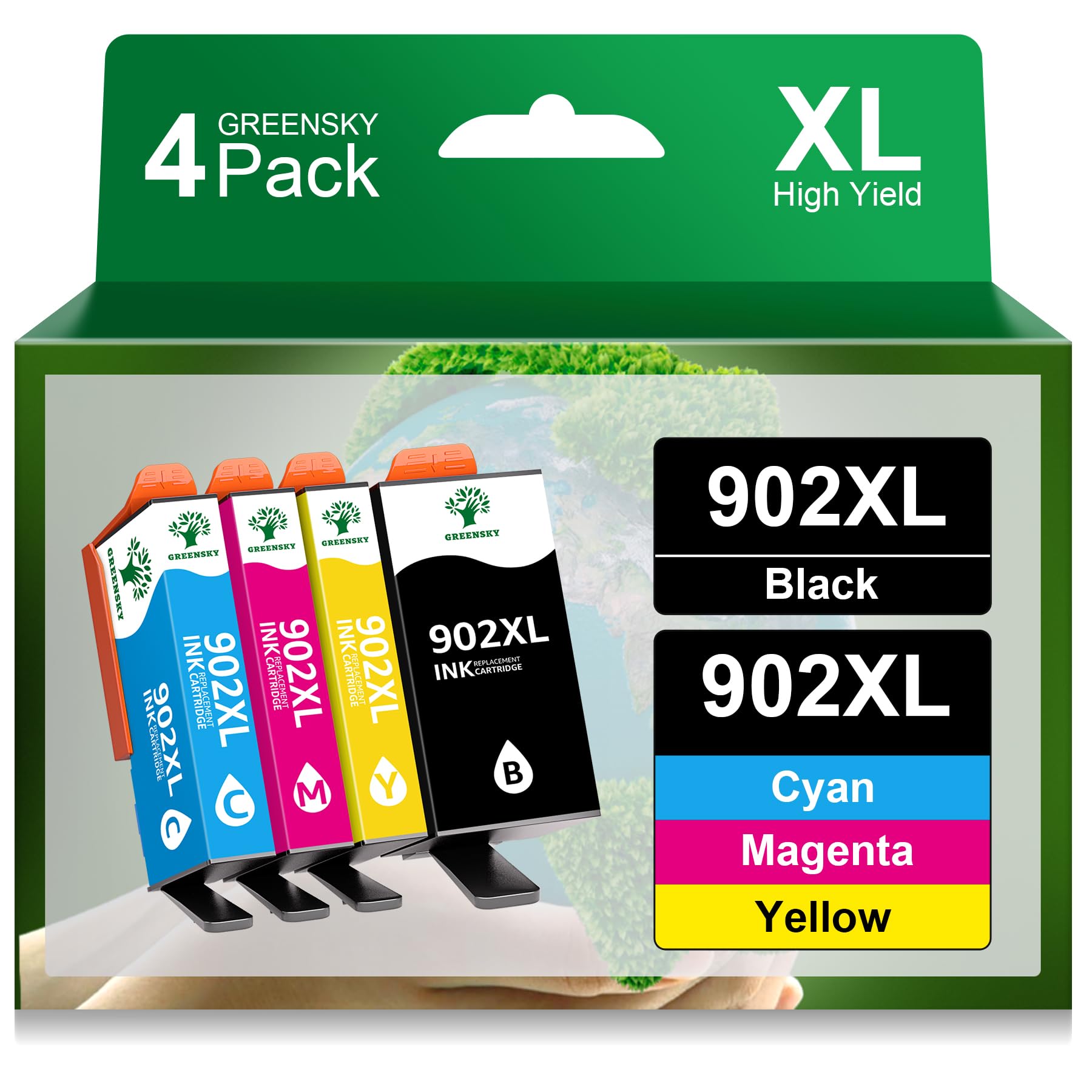 GREENSKY 4-Pack Compatible 902XL Ink Cartridges for HP Printers - Replacement for HP 902 & 902XL - Works with HP Officejet Pro 6968, 6978, 6970, 6958, 6960, 6975, 6954, 6962 - High-Quality Printing for Home & Office Documents, Photos, and Projects
