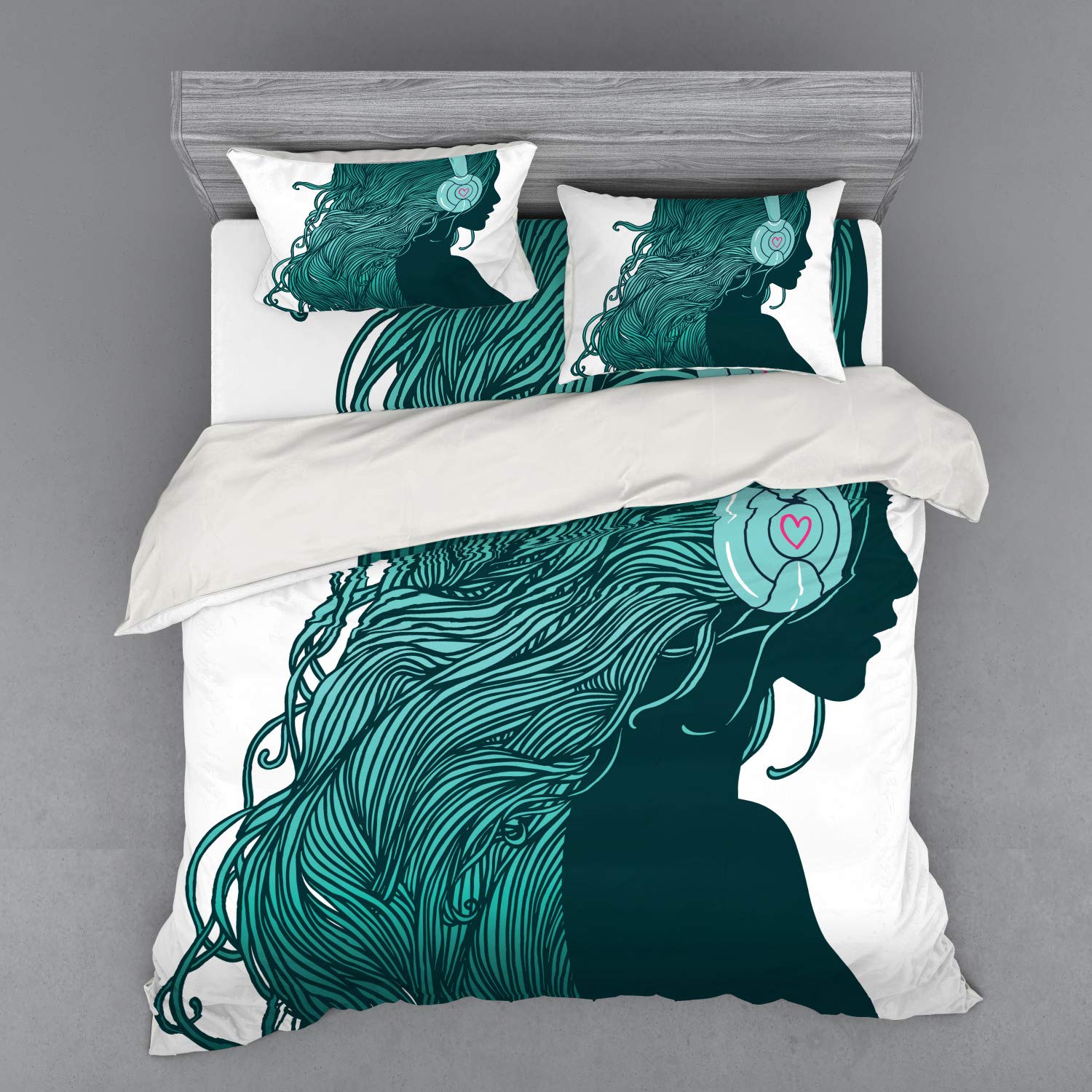 Lunarable Music Themed Bedding Set - DJ Girl Profile with Headphones, Nightclub Silhouette Party Print 4-Piece Duvet Cover Set with Shams & Fitted Sheet, King Size, Teal Aqua White - Perfect for Music Lovers' Bedroom Decor & Themed Parties