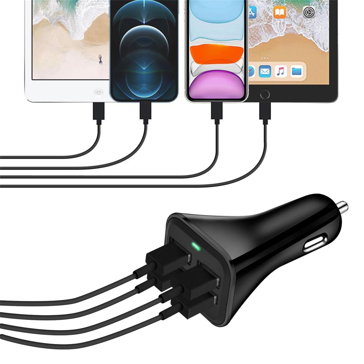 Fast QC 3.0 USB Car Charger Adapter - 4-Port 9.6A Multi-Device Car Phone Charger Compatible with iPhone 16/15/14/13/12 Pro Max, Samsung Galaxy S22/Note20, LG, Pixel - Perfect for Road Trips & Long Commutes