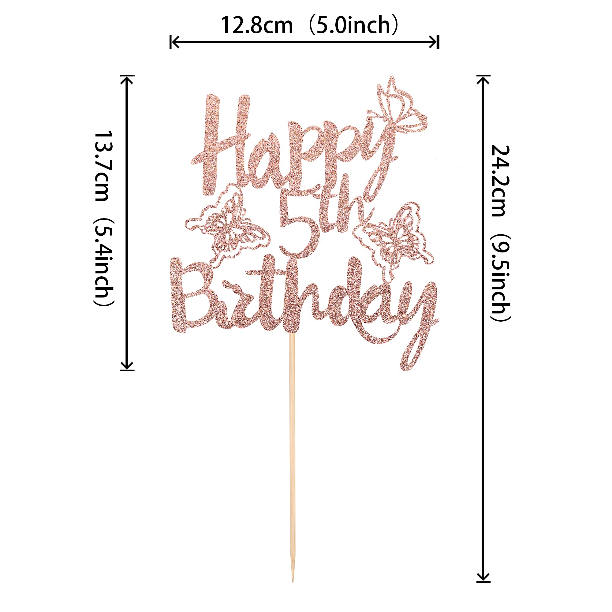 1 PCS Happy 5th Birthday Cake Topper with Glitter Butterfly - Cheers to 5 Years Old Rose Gold Cake Decoration for Anniversary Party Supplies | Perfect for Kids Birthday Cakes, Cupcakes & Celebration Desserts