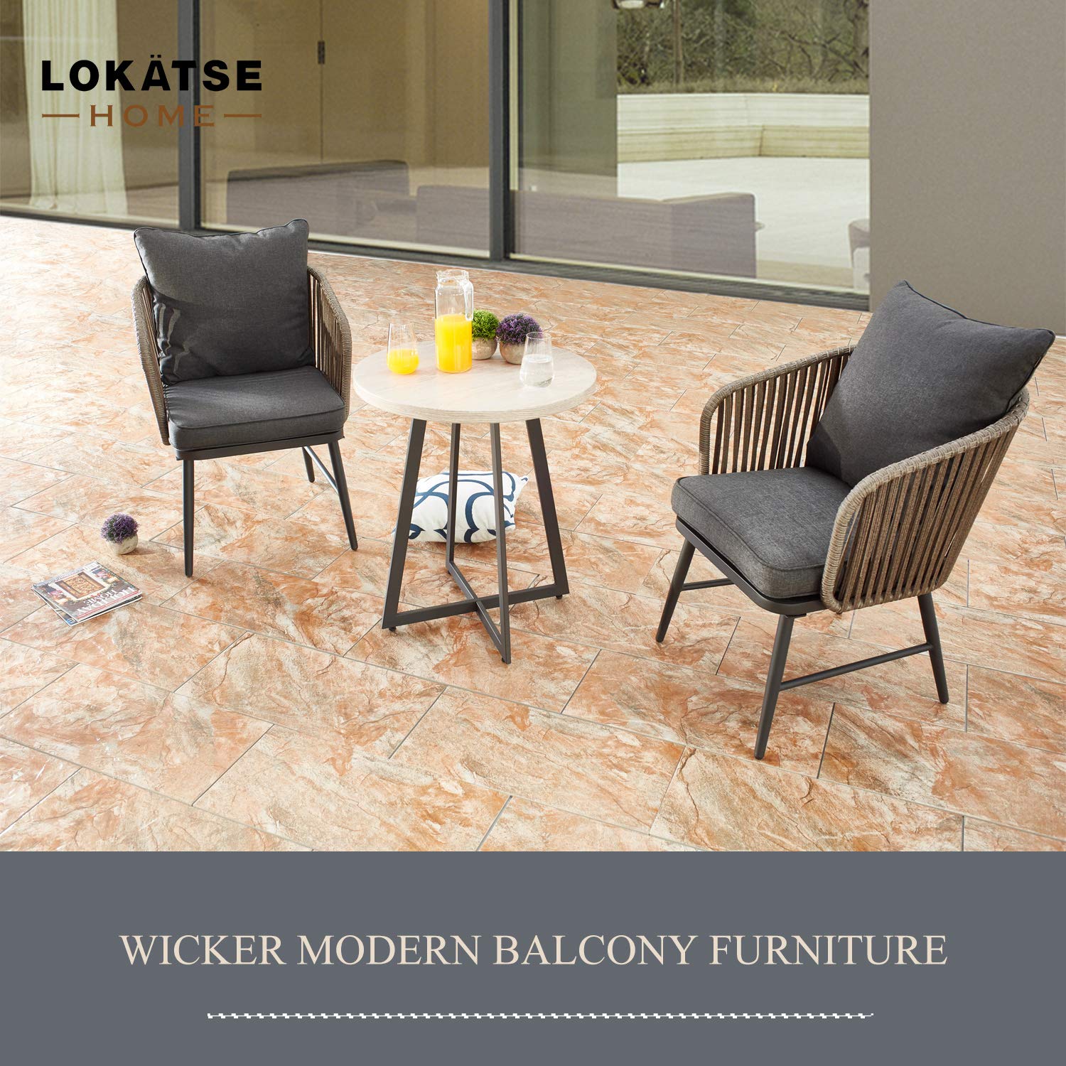 LOKATSE HOME 3-Piece Outdoor Bistro Set - Modern Wicker Patio Furniture with 2 Chairs (Includes Seat & Back Cushions) & 1 Coffee Table - Beige - Perfect for Balcony, Garden, Poolside or Small Outdoor Spaces