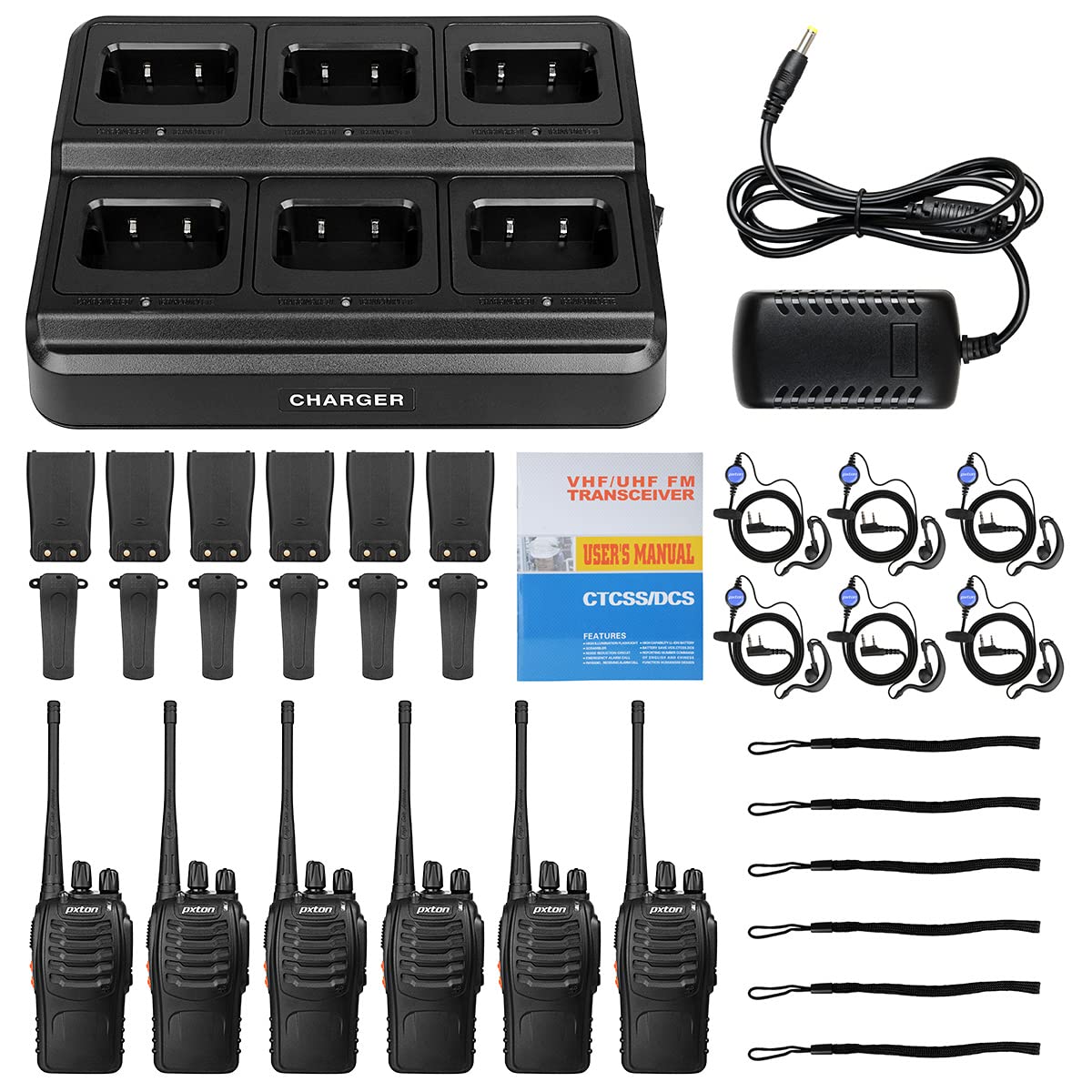Long Range Walkie Talkies for Adults - Rechargeable Two Way Radios with Upgraded Earpiece, 6-Way Multi Gang Charger & Li-ion Battery (6 Pack) - Perfect for Outdoor Adventures, Construction Sites, and Emergency Communication
