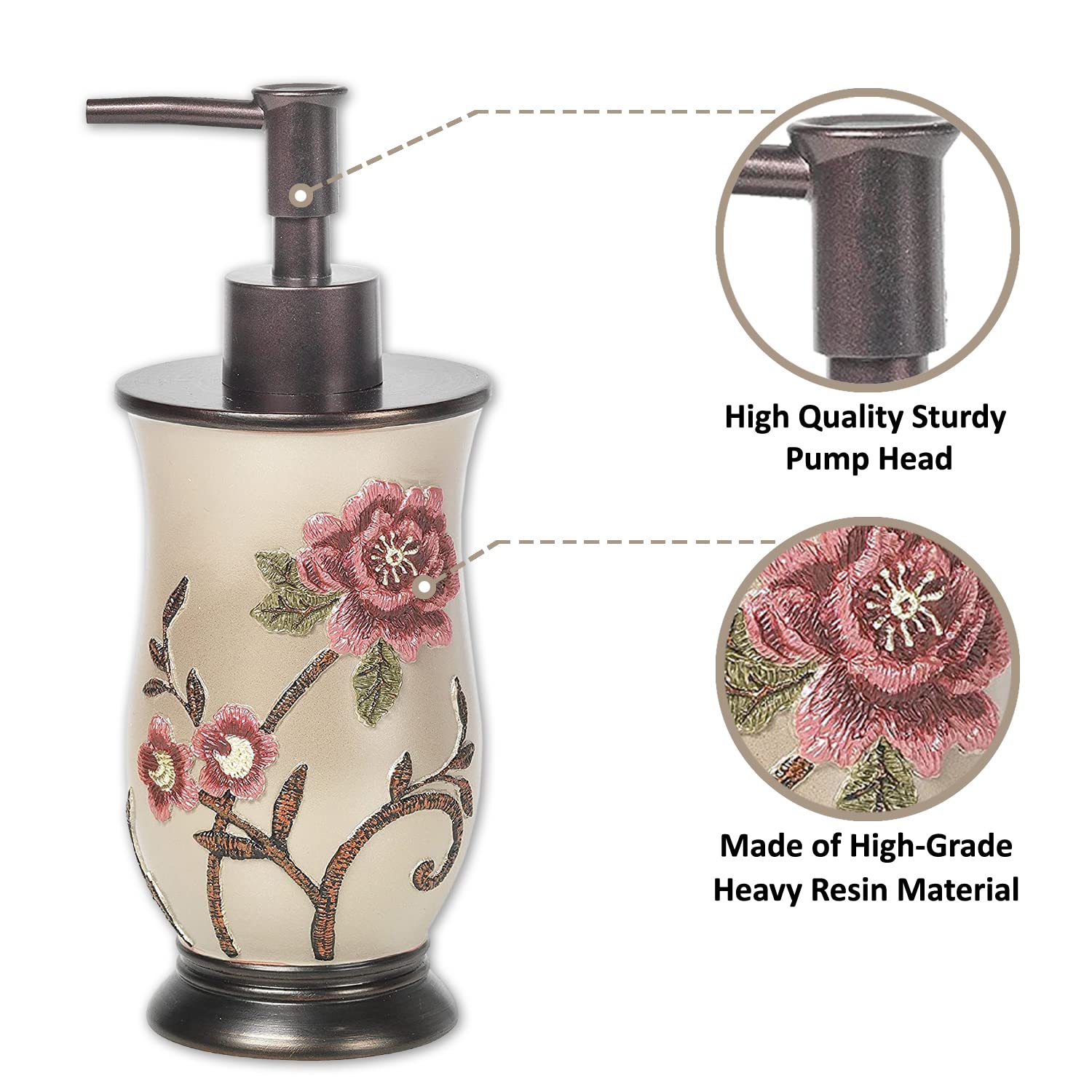 Zahari Home 4-Piece Larrisa Floral Bathroom Set - Modern Classic Flower Soap Dispenser, Tumbler, Toothbrush Holder & Soap Dish - Luxury Decor for Stylish Bathrooms | Perfect for Guest Bathrooms, Master Suites & Spa-Inspired Home Decor