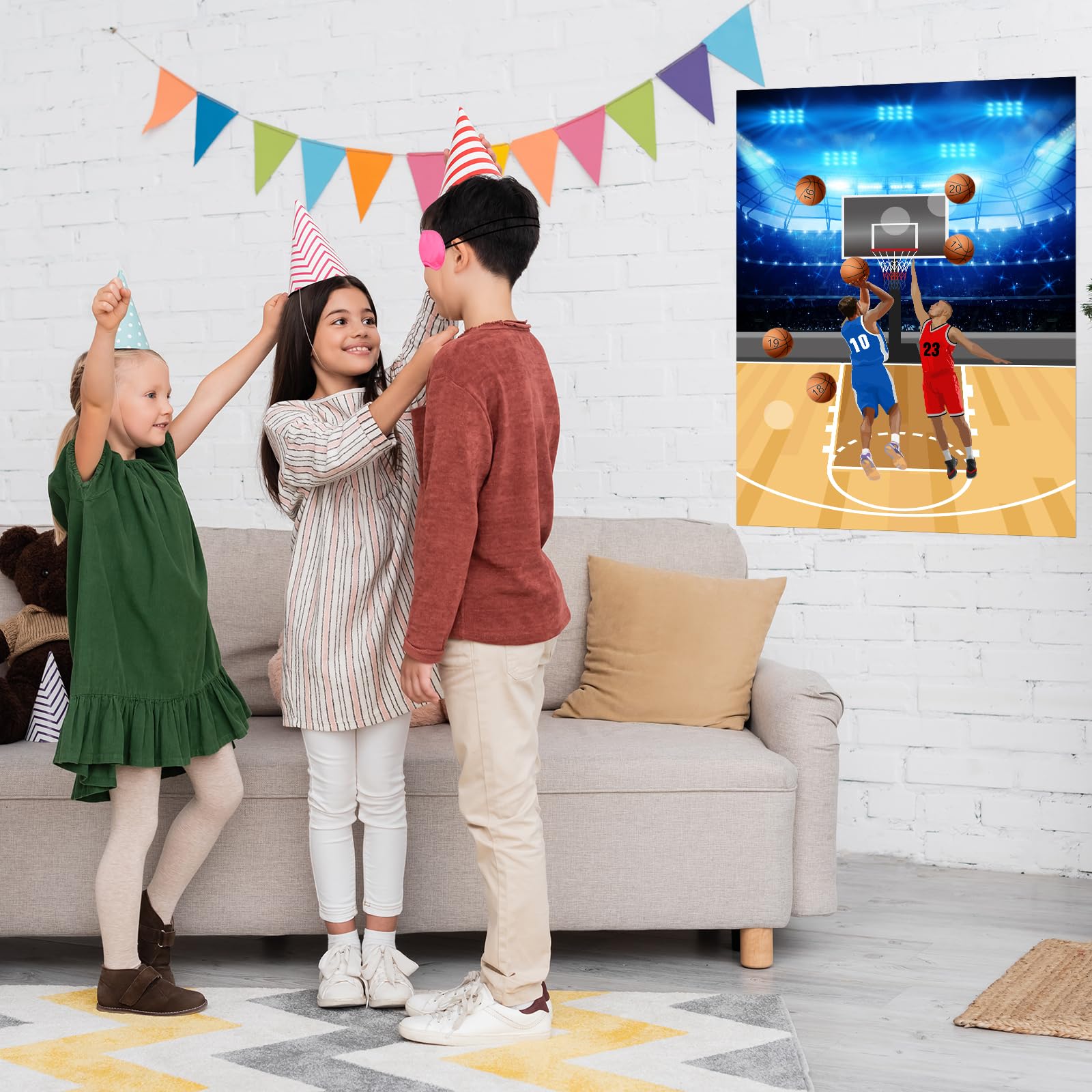 PLULON Basketball Party Game for Kids - Pin The Basketball on The Hoop Game Set with Stickers | Fun Birthday Party Decor & Classroom Activity for Boys & Girls | Perfect for Birthday Parties, School Events & Indoor Games