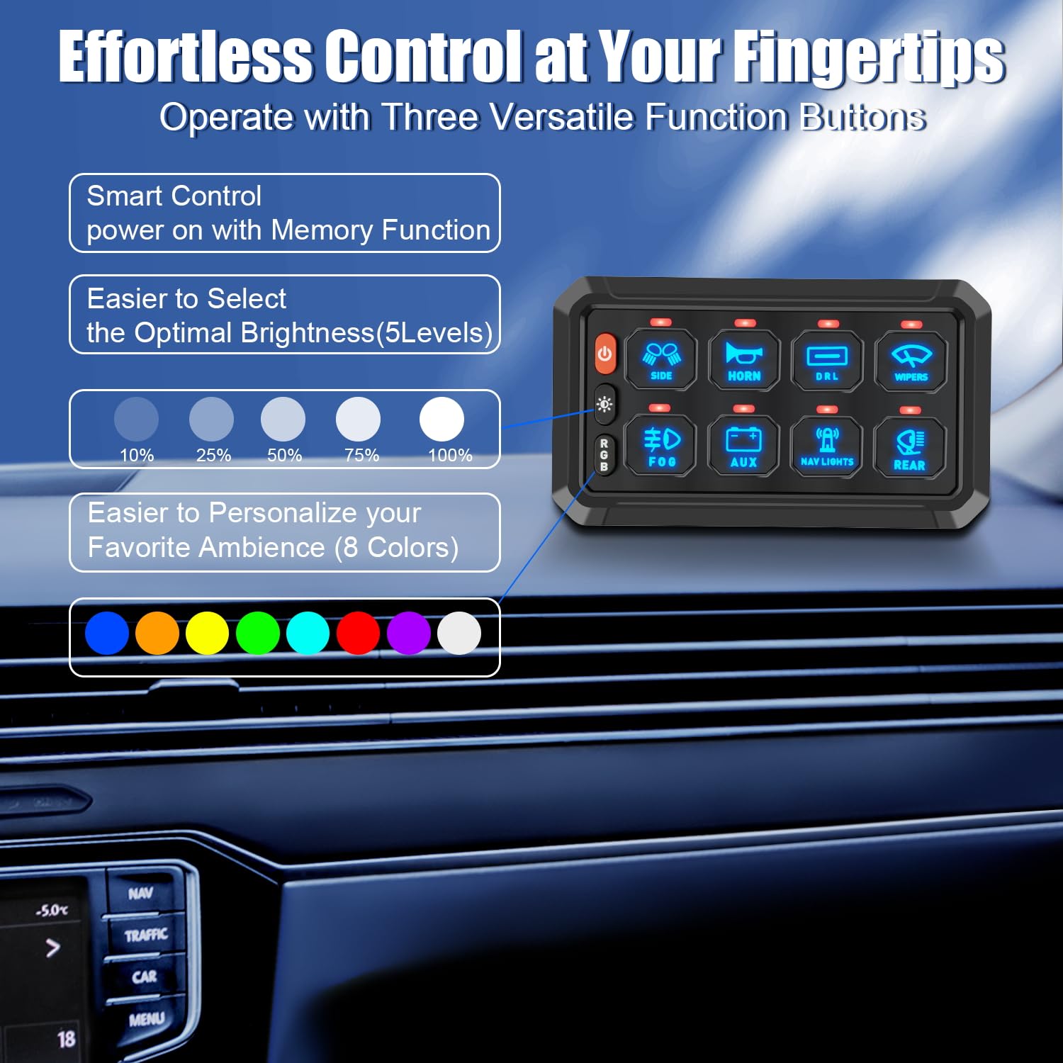 8 Gang Switch Panel with RGB LED & 5-Level Brightness Control - Universal Automotive Relay System for RV, Truck, ATV, UTV, Boat, Marine, SUV - Perfect for Interior Lighting & Accessory Control