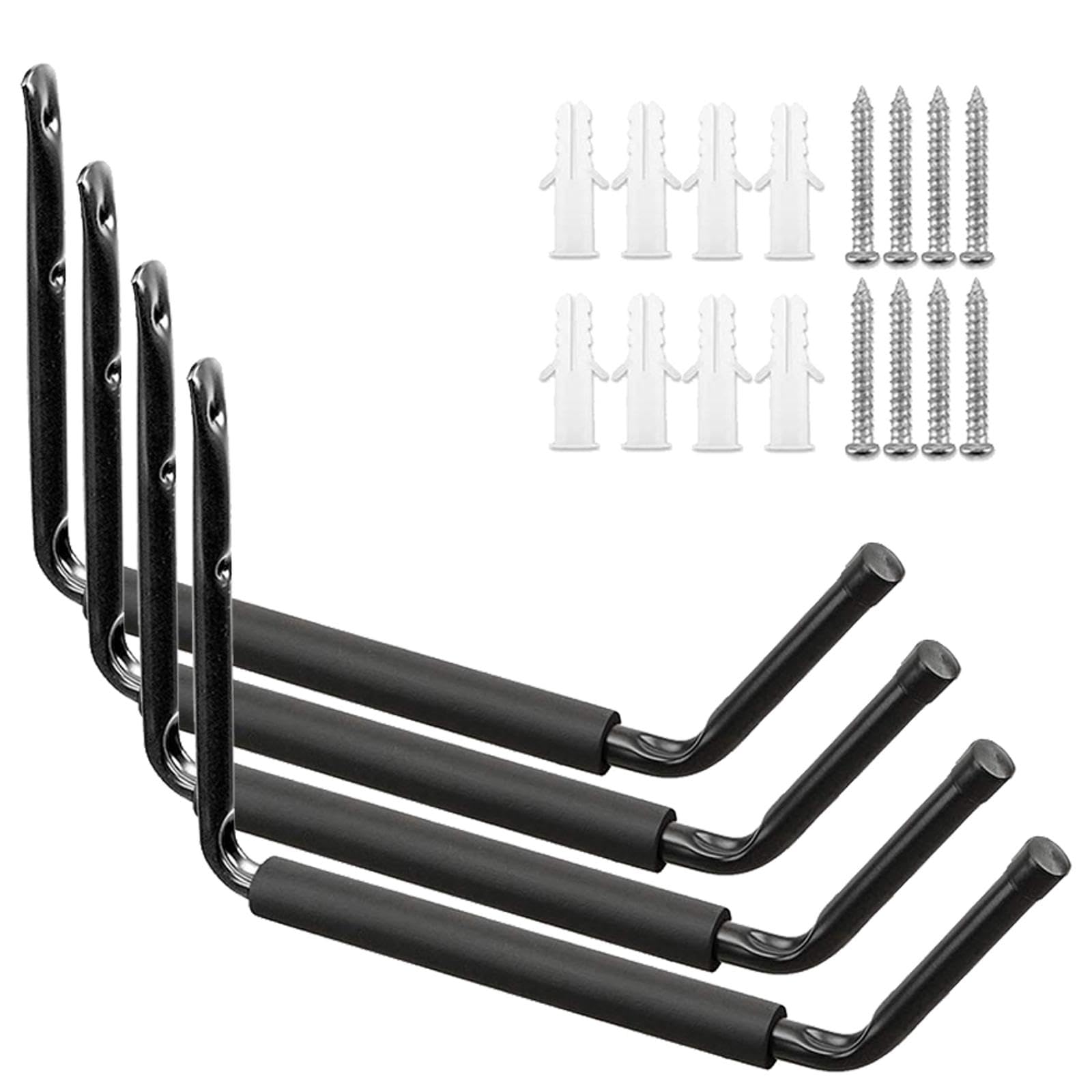 Heavy Duty Garage Hooks 4 Pack - Wall Mounted Tool Hangers for Ladders, Bikes, Ropes & Yard Tools - Includes 8 Screws & 8 Bolts - Perfect for Garage, Shed & Workshop Organization