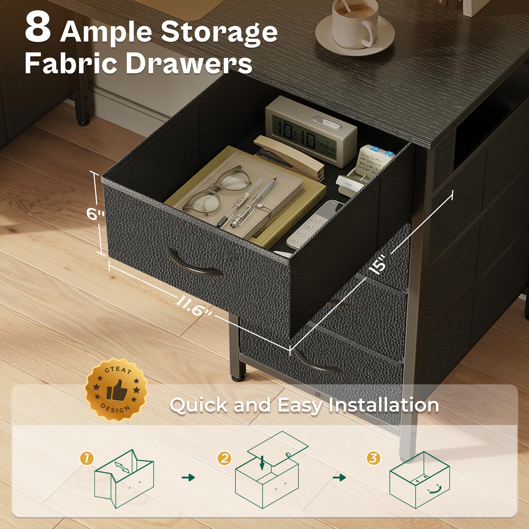 Huuger 55 Inch Computer Desk with 8 Fabric Drawers - Large Home Office Desk for Work, Study & Gaming - Black Storage Desk with Drawers | Perfect for Small Spaces, Remote Work & Gaming Setups