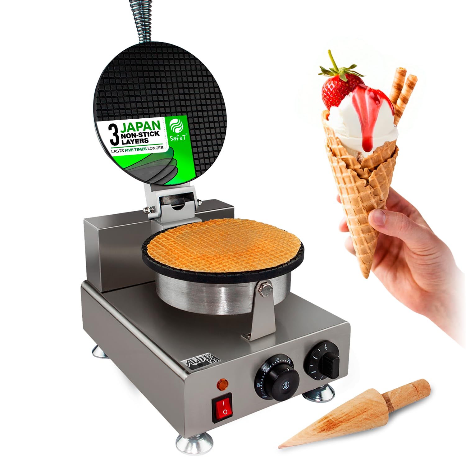 ALDKitchen Stainless Steel Waffle Cone Maker - 1-Head Electric Ice Cream Cone Iron for Homemade Desserts | Perfect for Parties, Ice Cream Shops & Home Baking