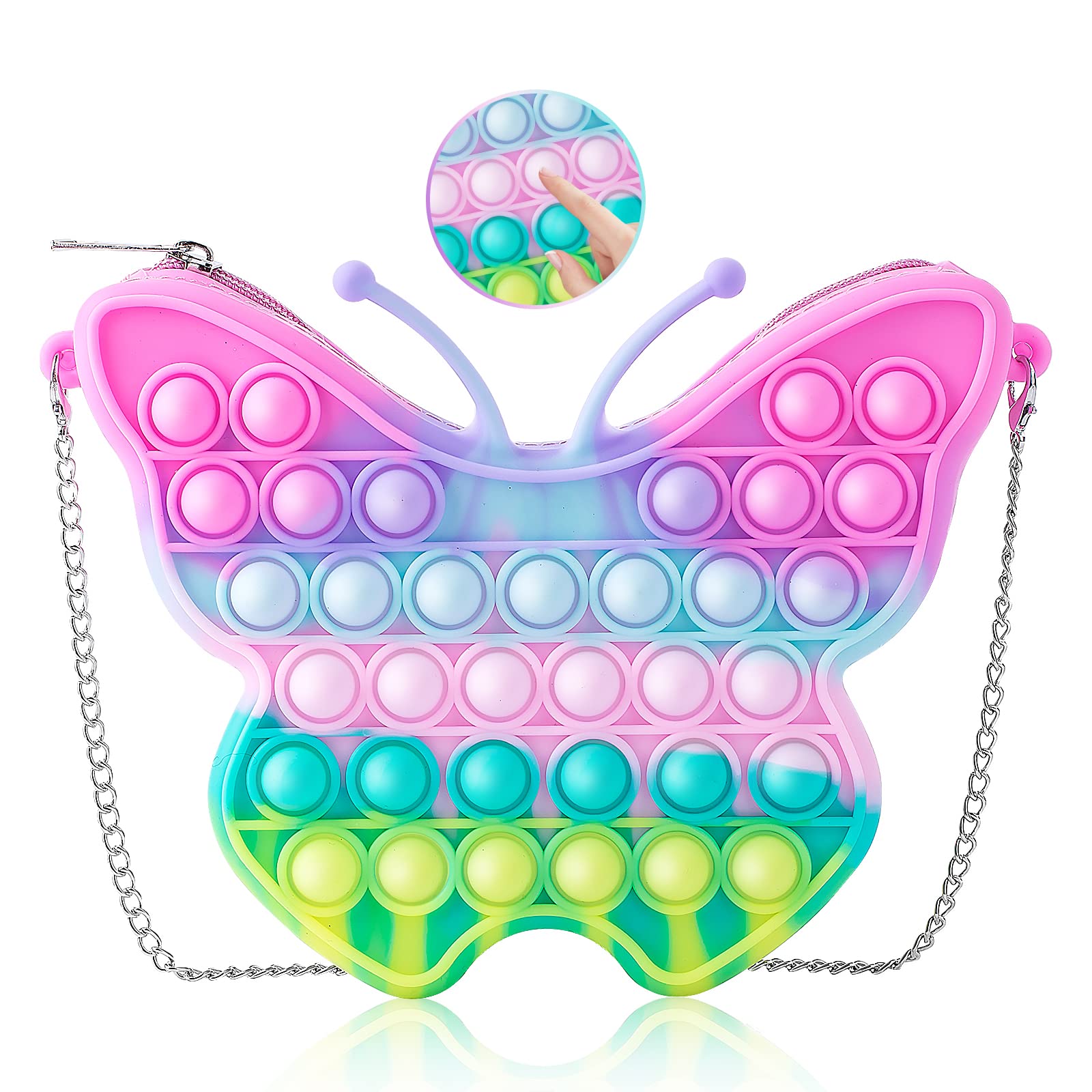 Vemofoper Pop Purse - Butterfly Pop Shoulder Bag for Girls & Women, Rainbow Silicone Fidget Toy Crossbody Bag with Push Bubble Popper, Stress Relief Gift for Kids (Christmas, Birthday) - Perfect for School, Travel & Sensory Play