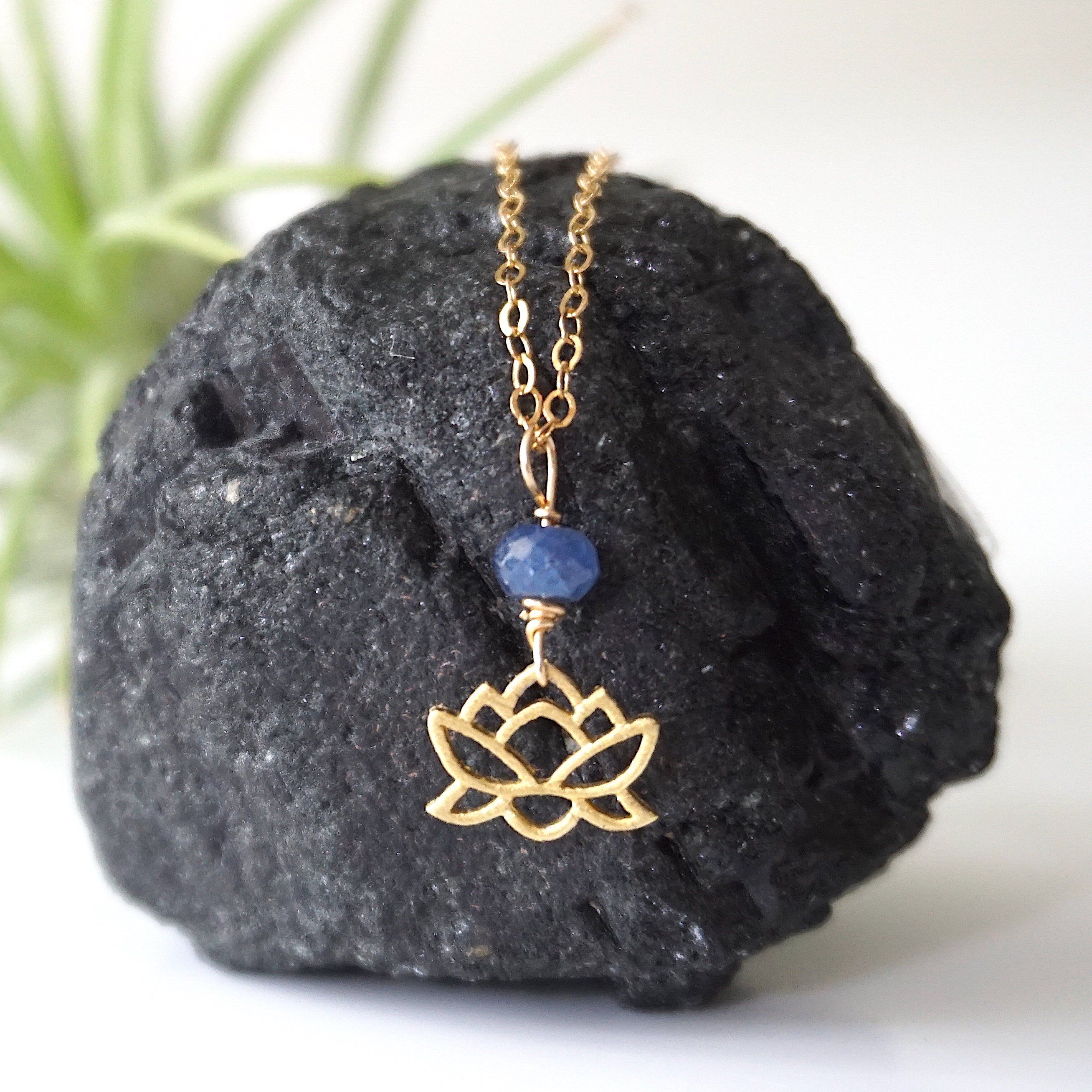 14K Gold Filled Sapphire Bead Lotus Charm Necklace for Women - Elegant Jewelry Gift for Birthday, Anniversary & Special Occasions