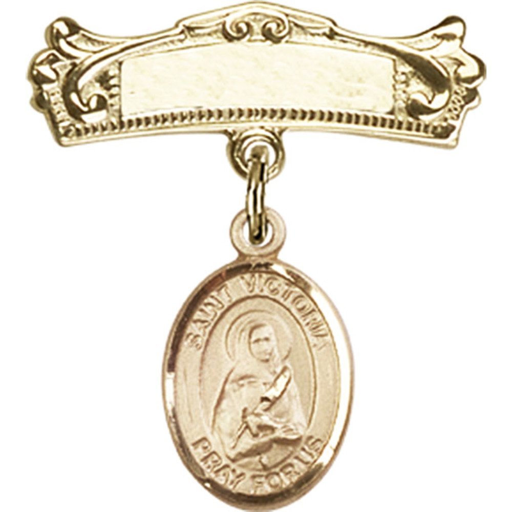 7/8 X 3/4 Inch Gold Filled Baby Badge with St. Victoria Charm & Arched Polished Pin - Perfect for Christenings, Baby Showers & Keepsake Jewelry Gifts