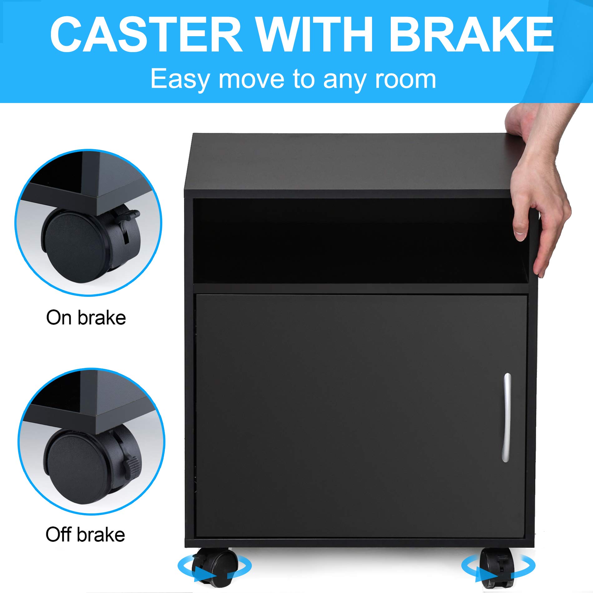 FITUEYES Adjustable Mobile Printer Stand with LED Light Strip - Rolling Wooden Work Cart with Storage Shelves & Door - Black Home Office Organizer for Printer, Scanner & Supplies - Perfect for Small Spaces & Workspaces