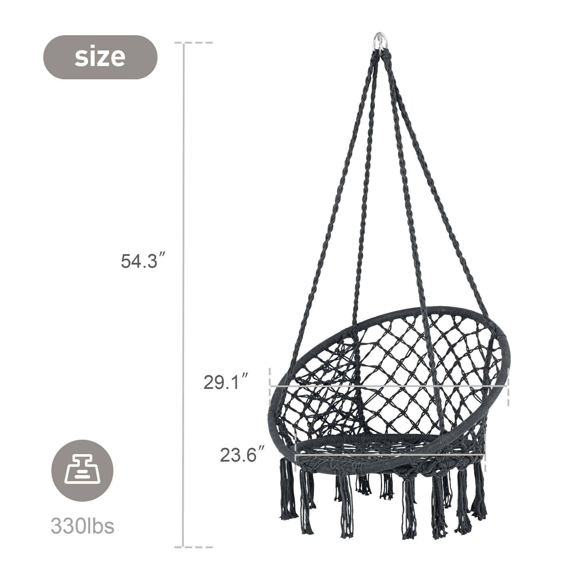 SUNCREAT Handmade Macrame Hanging Swing Chair with Hardware Kits - 330 LBS Capacity, Grey Knitted Rope Hammock for Indoor & Outdoor Use - Perfect for Bedroom, Patio, Garden, Deck, and Yard Relaxation