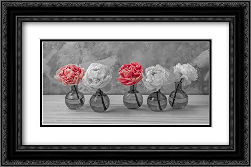Frank Assaf 18x13 Black Ornate Framed Double Matted Museum Art Print - Peonies in Glass Bottles Floral Wall Decor for Living Room, Bedroom & Office