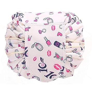 Stylish Portable Waterproof Makeup Bag with Drawstring - Large Capacity Cosmetic Organizer for Women | Perfect for Travel, Gym & Daily Use | Keetly Toiletry Pouch (White Lipstick Design)