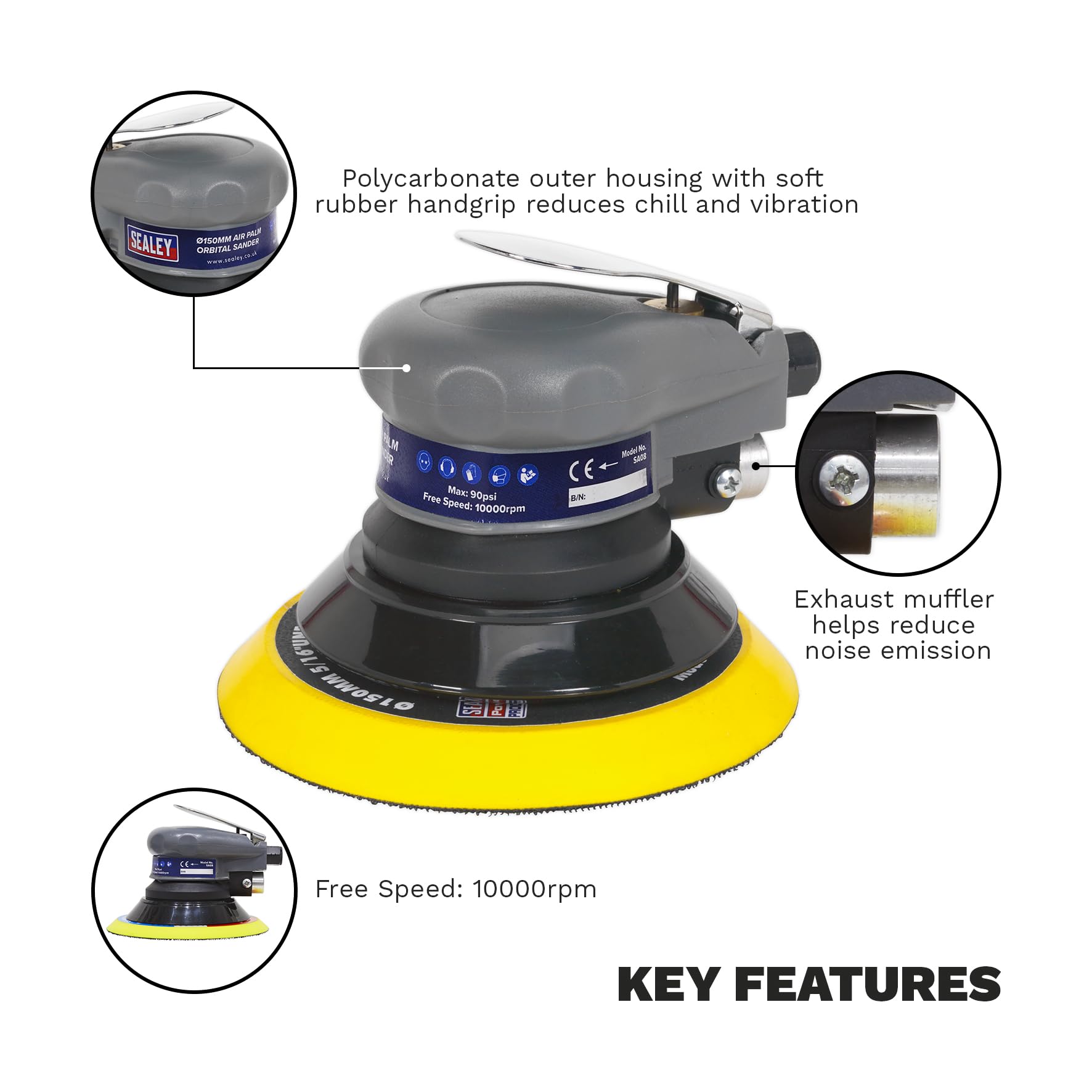 Sealey SA08 150mm Air Palm Orbital Sander - Professional Pneumatic Sanding Tool for Woodworking, Auto Body Repair & DIY Projects | Perfect for Smoothing Surfaces & Paint Prep