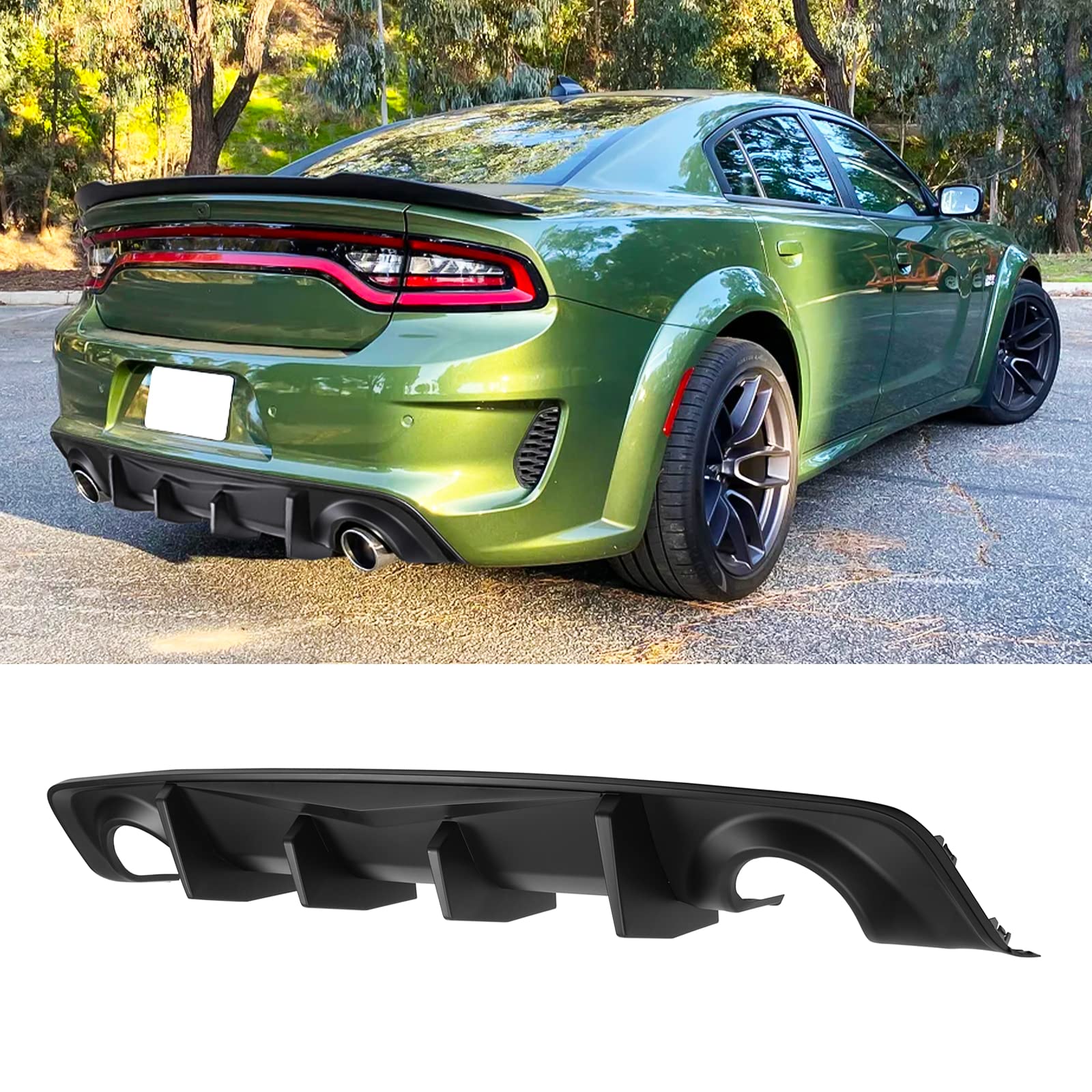 FREEMOTOR802 Rear Diffuser for 2020-2023 Dodge Charger Widebody - IKON V2 Style 2-Piece Rear Bumper Diffuser Lip with 4 Shark Fins in Matte Black PP | Upgrade Your Car's Aerodynamics & Style for Street Racing or Show Cars