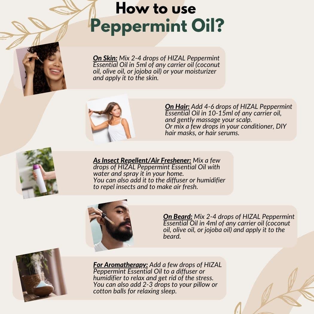 HIZAL 100% Pure & Natural Peppermint Essential Oil - 10ML for Face, Hair, Skin Care & Aromatherapy | Relieves Stress, Boosts Energy & Freshens Air