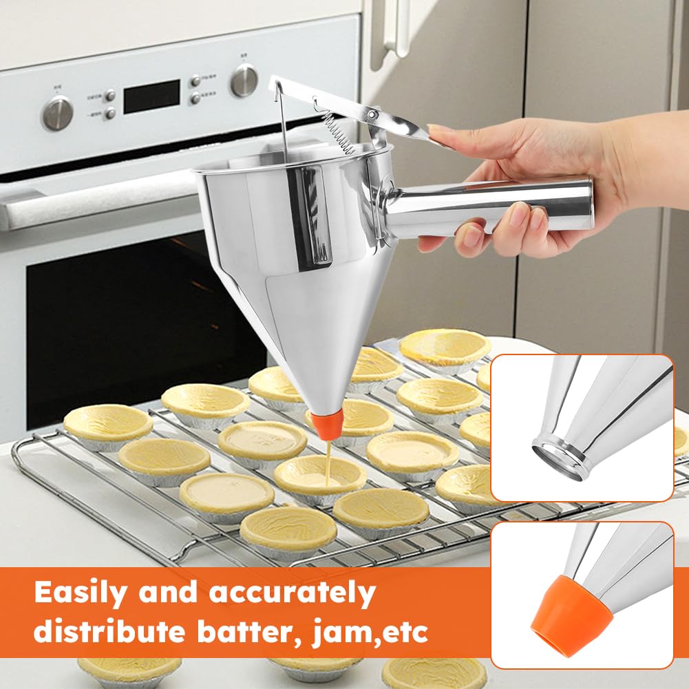 Stainless Steel Pancake Batter Dispenser with Squeeze Handle & Stand - 1200ml Funnel Cake & Takoyaki Balls Tool for Pancakes, Cupcakes, Donuts, Waffles - Perfect for Breakfast, Desserts & Party Cooking