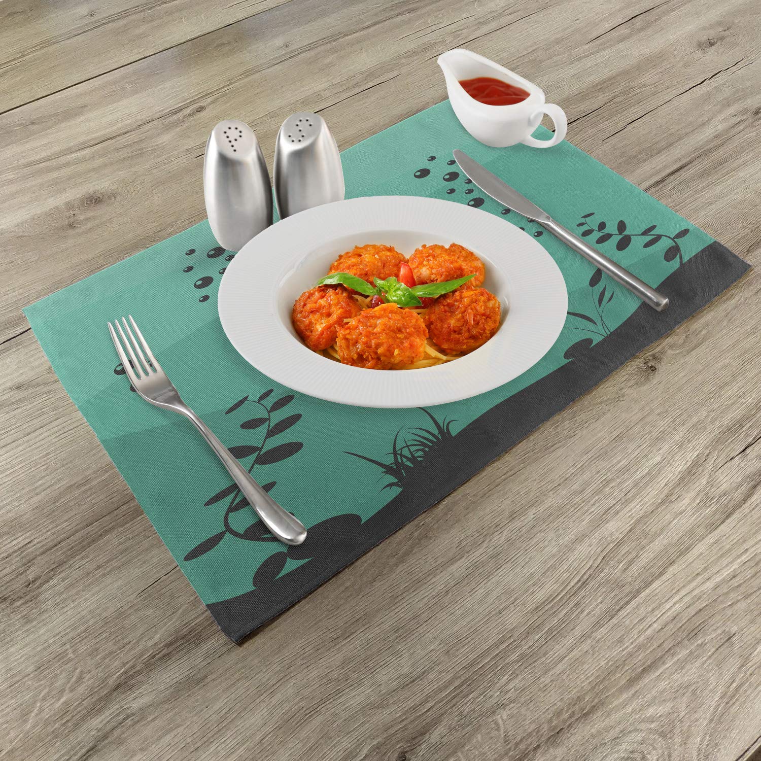 Ambesonne Fishing Placemats Set of 4 - Underwater Ocean Theme with Big Fish Eating Small Fish Design - Washable Fabric Place Mats for Dining Room & Kitchen Table Decor in Teal Grey - Perfect for Seafood Restaurants, Beach House Decor, and Nautical Themed Parties