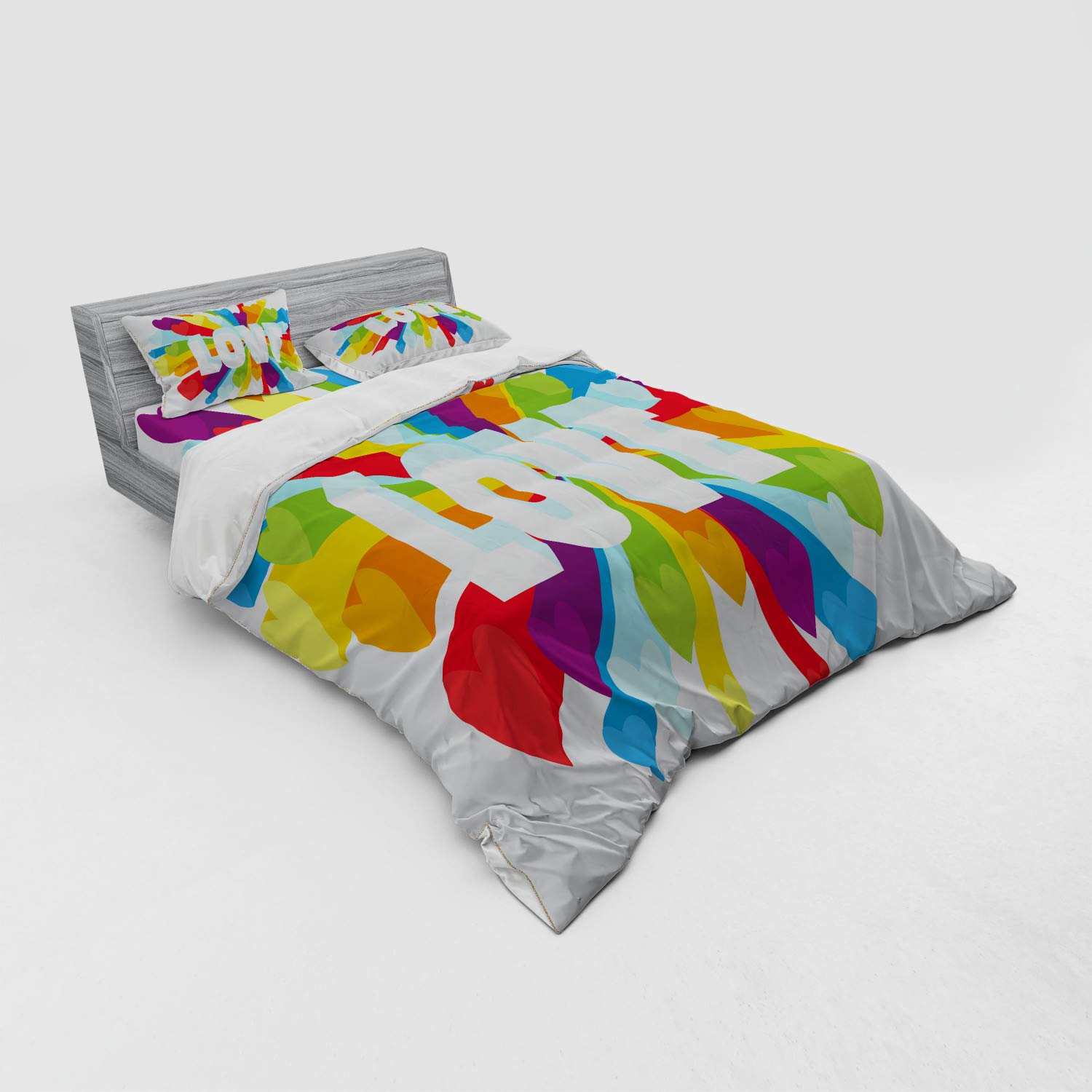 Ambesonne Pride Bedding Set - 4 Piece Queen Size Duvet Cover with Shams & Fitted Sheet - Colorful Hearts & LGBT Love Design - Perfect for Pride Month, LGBTQ+ Couples & Rainbow Themed Bedrooms