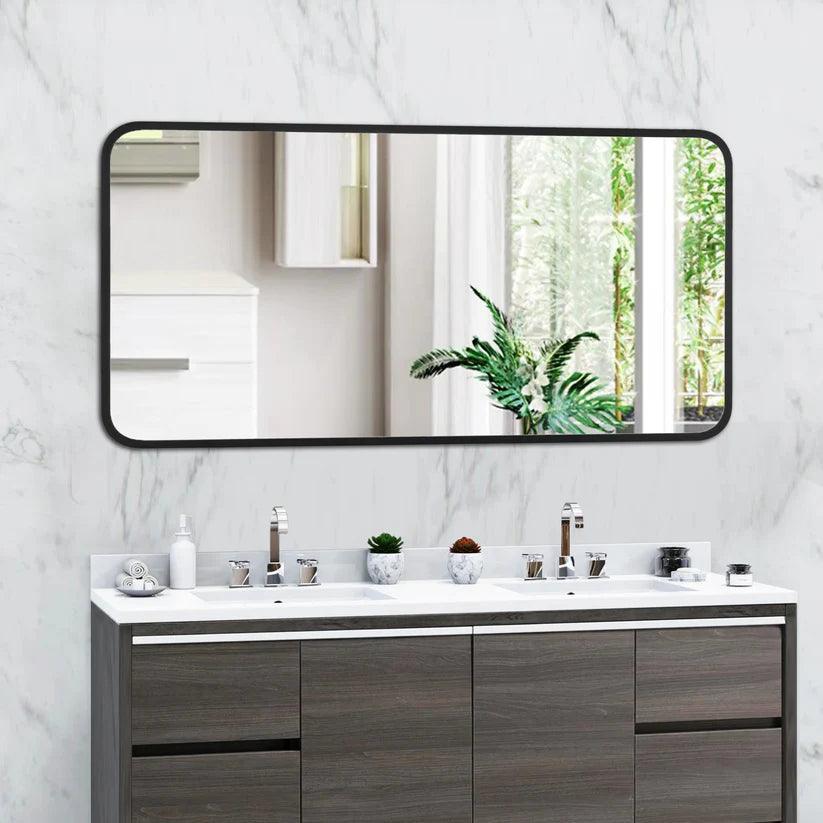 Modern Black Aluminum Framed Wall Mirror - Sleek Soft Corner Design for Living Room, Bedroom & Bathroom Decor | Home & Office Interior Accent Mirror
