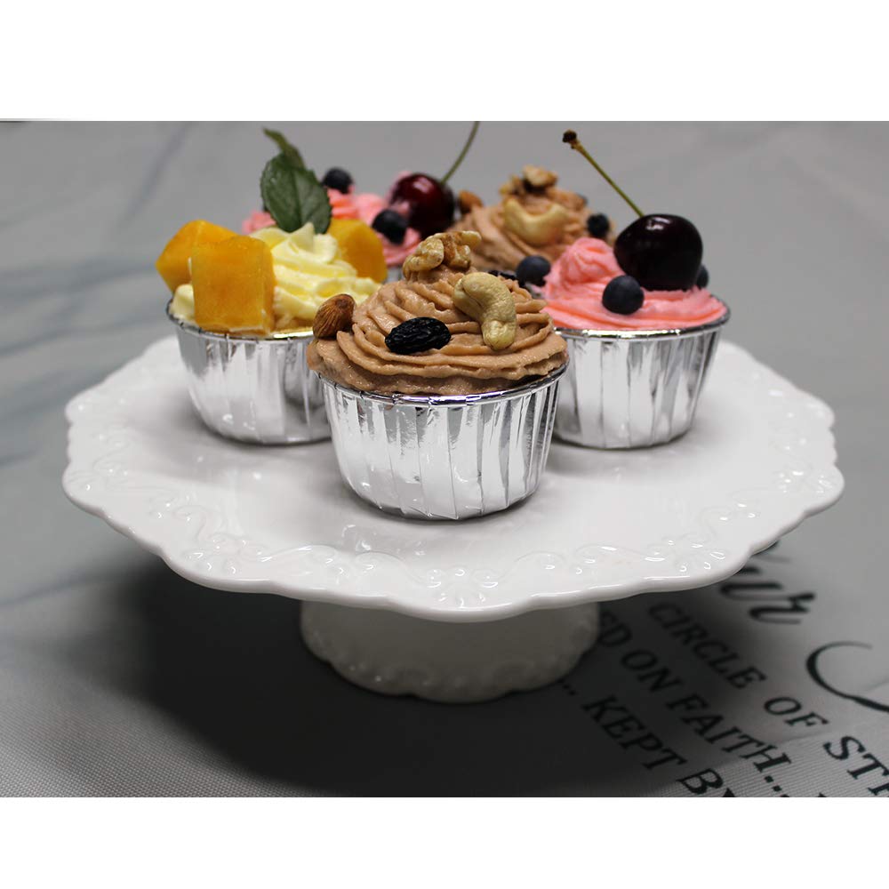 8 Inch Round White Ceramic Cake Stand - Elegant Cupcake & Dessert Display Plate for Snacks, Cookies, Cakes | Perfect for Baby Showers, Birthday Parties, Wedding Decorations & Buffet Table Centerpieces