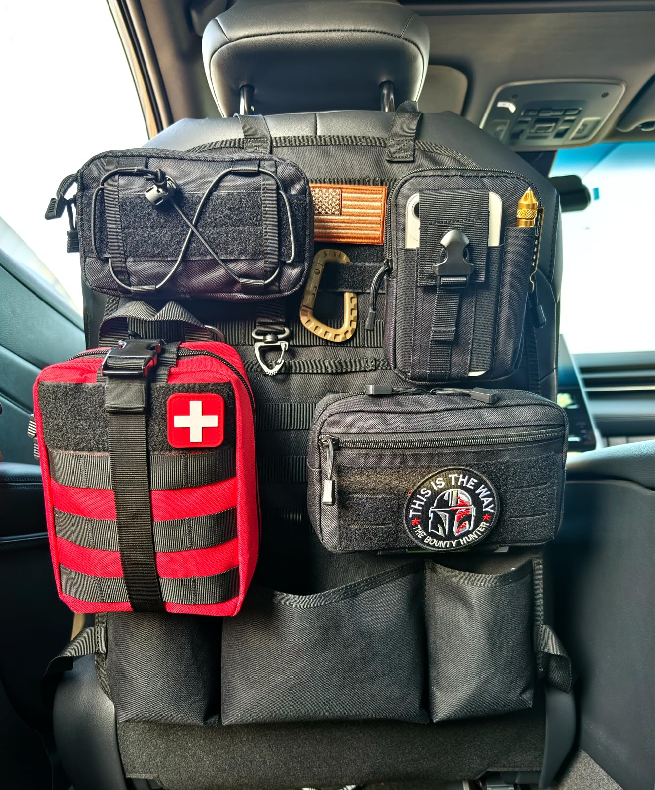 Tactical MOLLE Seat Back Organizer - Universal Car Seat Cover Organizer Panel with Storage Pouches for SUV, Truck & Jeep (Red) | Perfect for Road Trips, Camping & Outdoor Adventures
