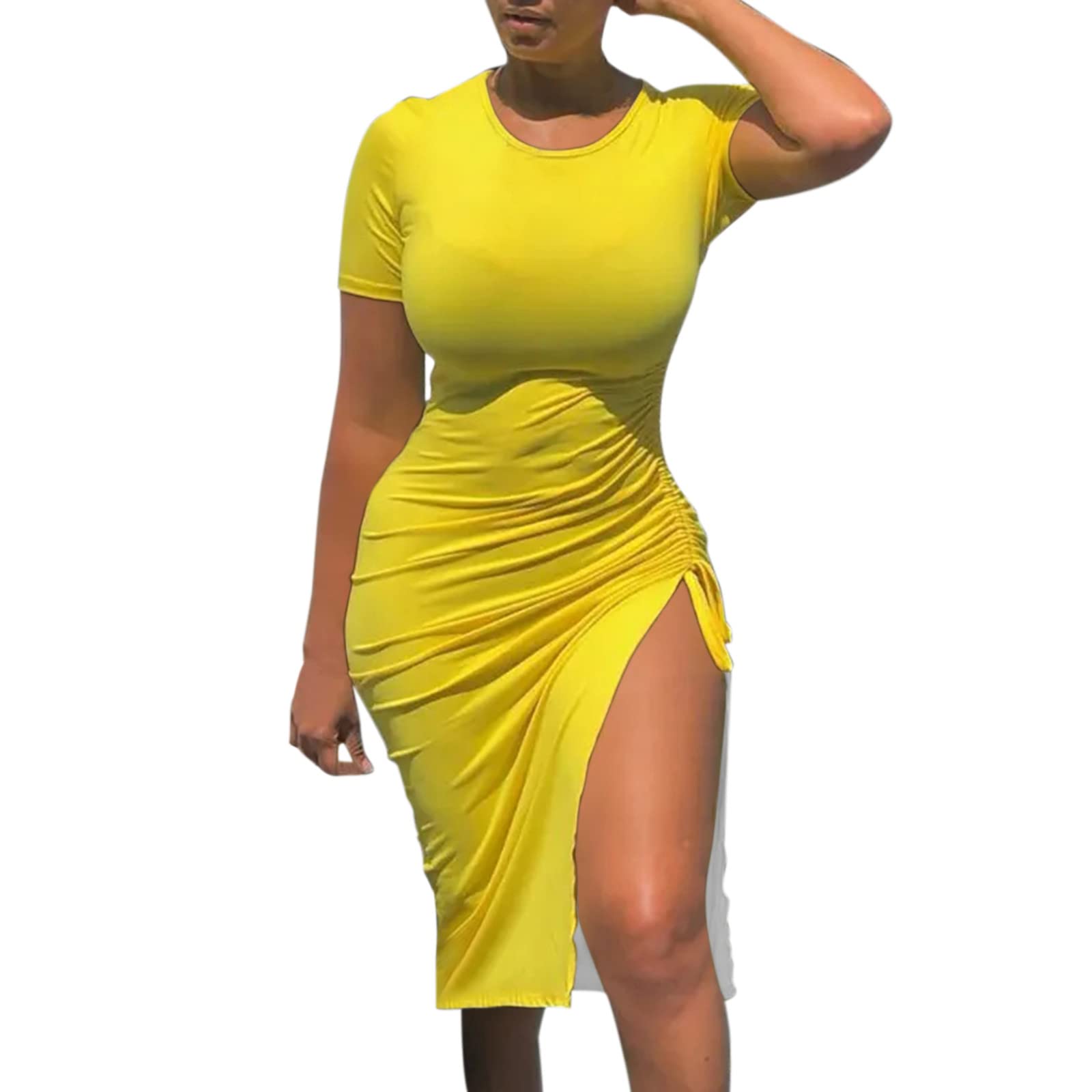 XXFF Women's Ruched Bodycon Mini Dress - Short Sleeve Summer Clubwear with Side Drawstring for Wedding Guest, Party, Cocktail & Night Out