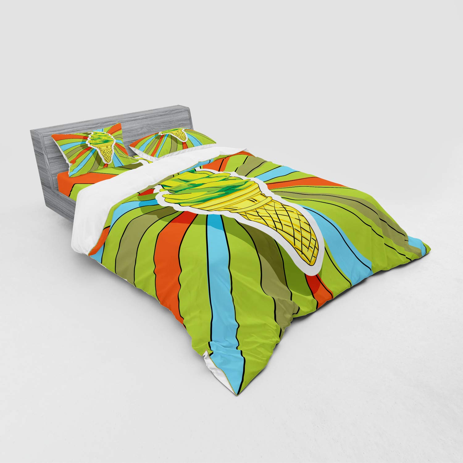 Ambesonne Hand-Drawn Ice Cream Cone Duvet Cover Set - 4 Piece Queen Size Bedding with Shams & Fitted Sheet, Vibrant Lime Green Multicolor Design - Perfect for Kids' Rooms, Summer Themed Bedrooms & Ice Cream Lovers