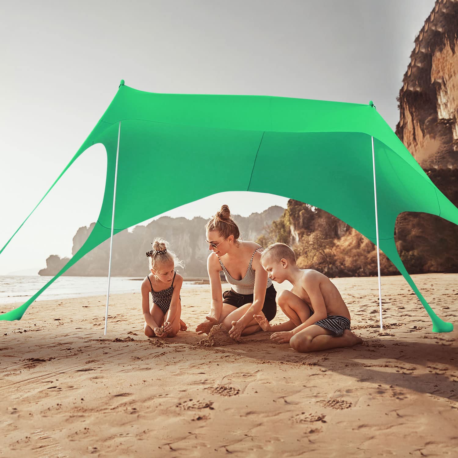 UPF50+ Beach Tent Sun Shelter - Easy Pop Up Canopy with Stability Poles, Carry Bag & Sand Shovel | Portable Sun Shade for Beach Camping, Picnics & Outdoor Adventures