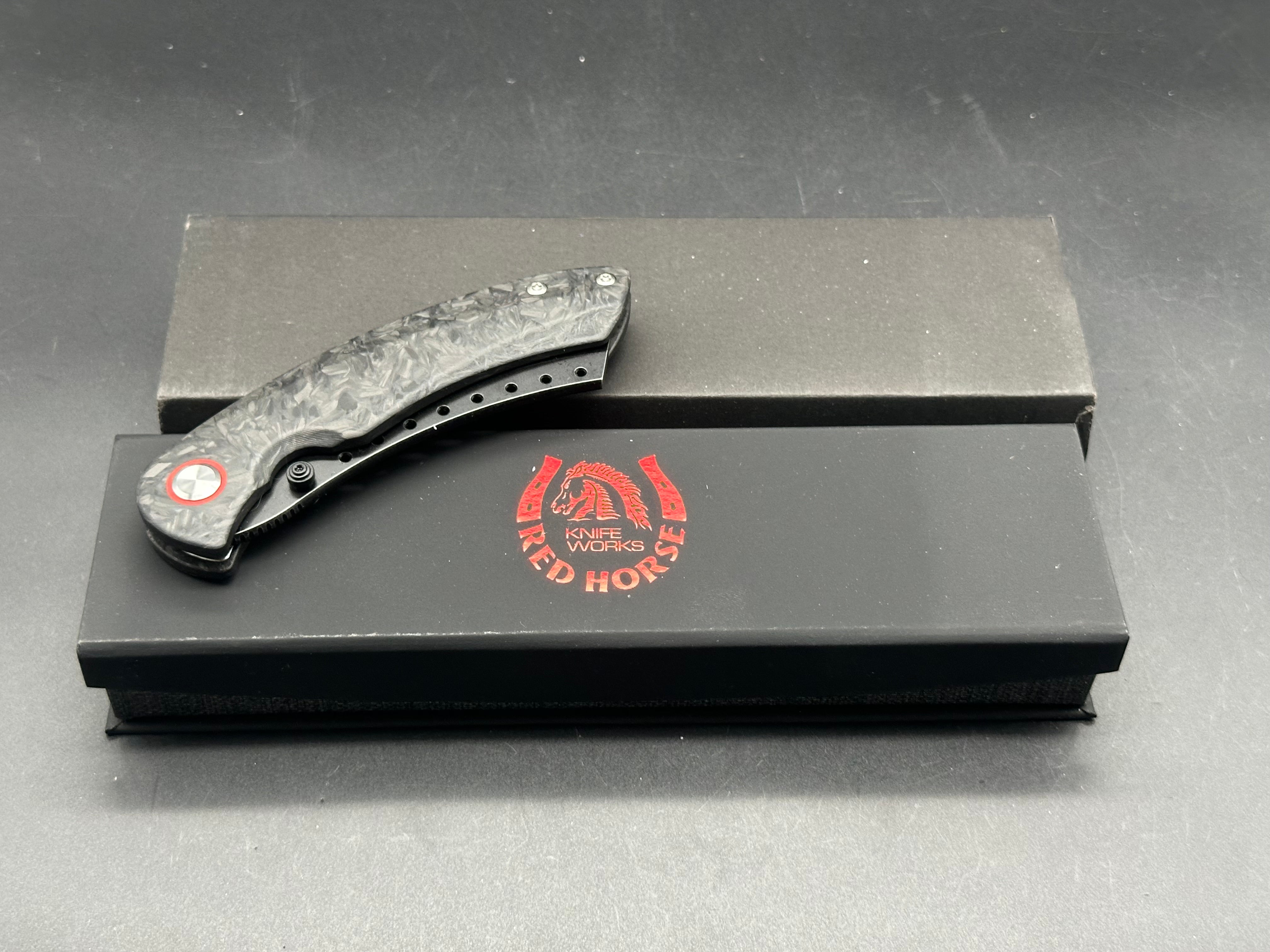 Premium Red Horse Hell Razor Pocket Knife - S35VN PVD Coated Blade with Marble Carbon Fiber Handle - EDC, Outdoor Survival, Camping & Tactical Gear