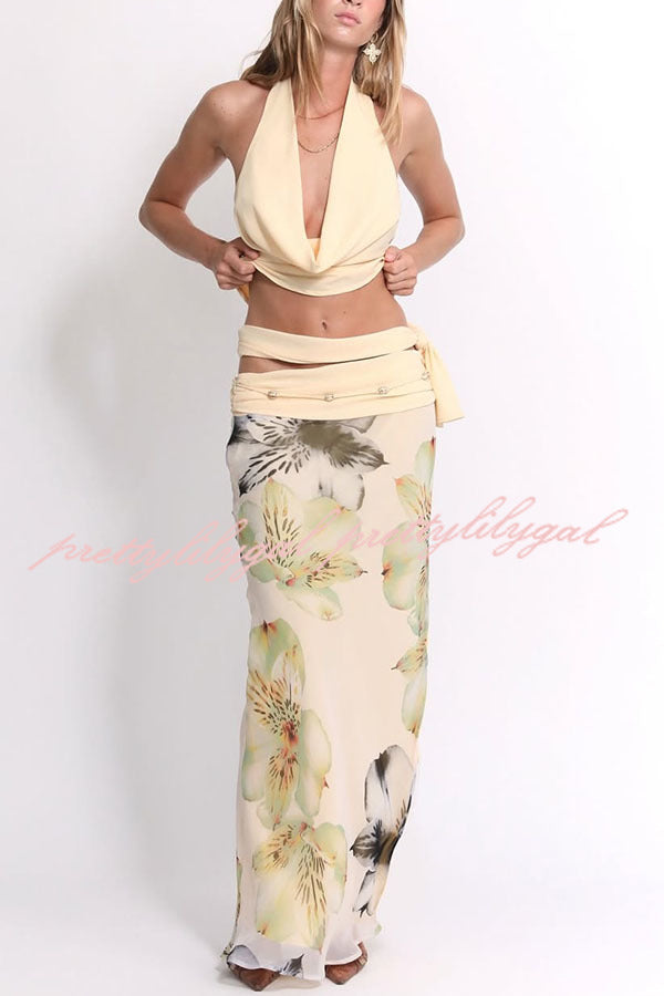Elegant Cowl Neck Halter Tank Top & Floral Ruched Waist Slit Maxi Skirt Set - Women's Summer Outfit for Beach Vacation, Date Night & Special Occasions