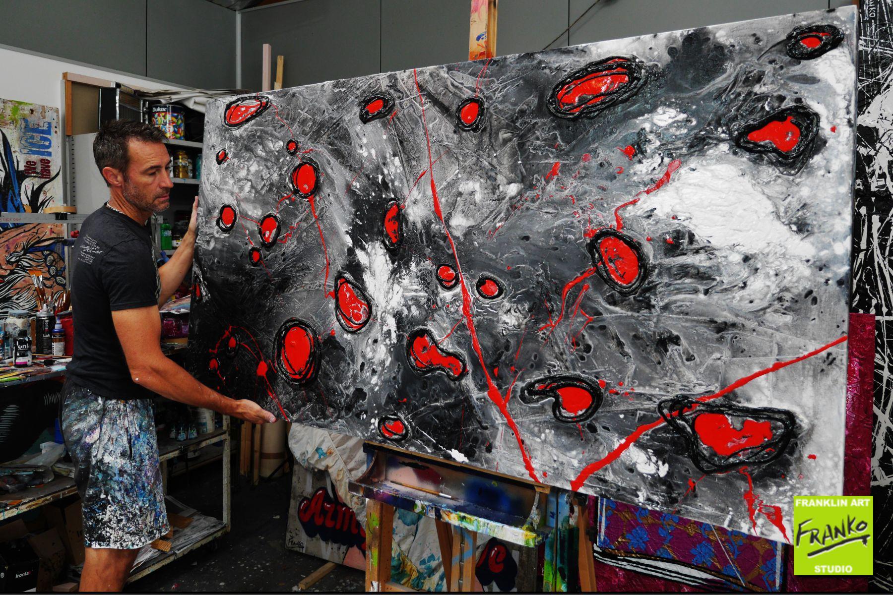 190cm x 100cm Grey Red Textured Abstract Canvas Painting - Modern Wall Art for Living Room, Bedroom & Office Decor