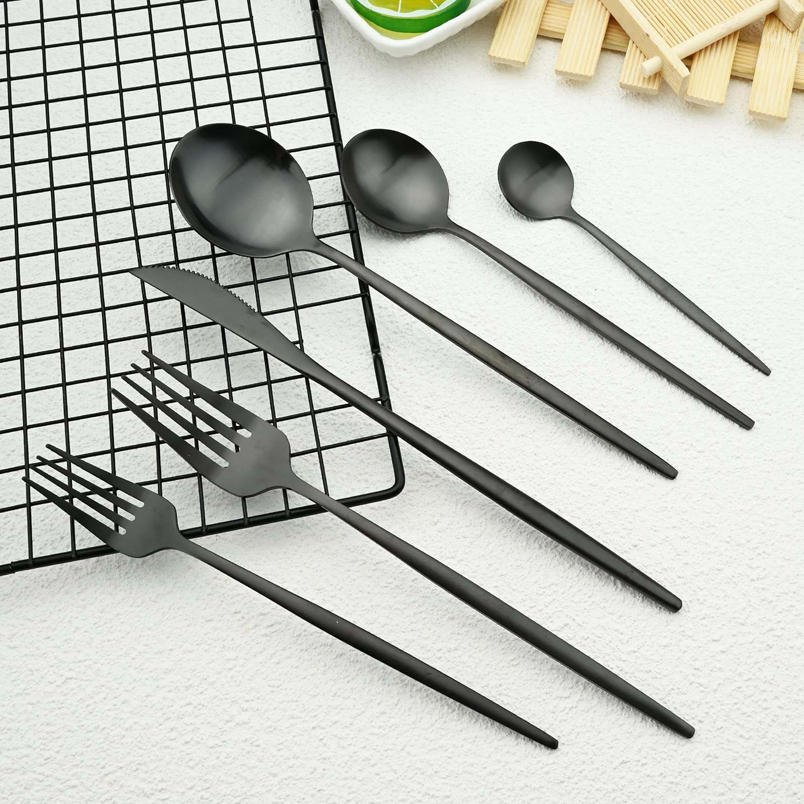 36-Piece Matte Black Stainless Steel Flatware Set with Satin Finish - Includes Knives, Forks, Spoons & Coffee Spoon - Service for 6 - Elegant Dining Utensils for Restaurants, Dinner Parties & Home Kitchens