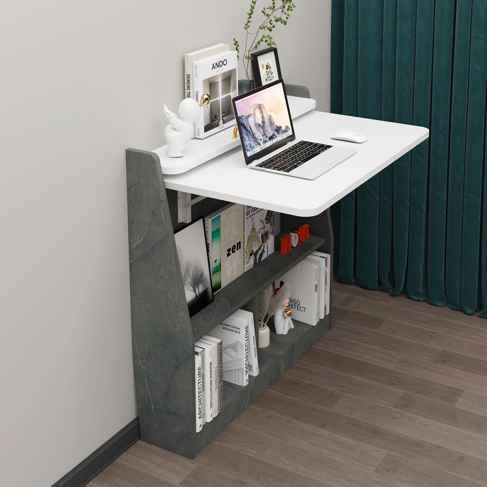 Pmnianhua 31'' Wall Mounted Folding Desk - Space Saving Drop-Leaf Table with Storage Shelf | Foldable Laptop Desk for Small Spaces | Perfect for Bedroom, Living Room & Home Office (Grey White)