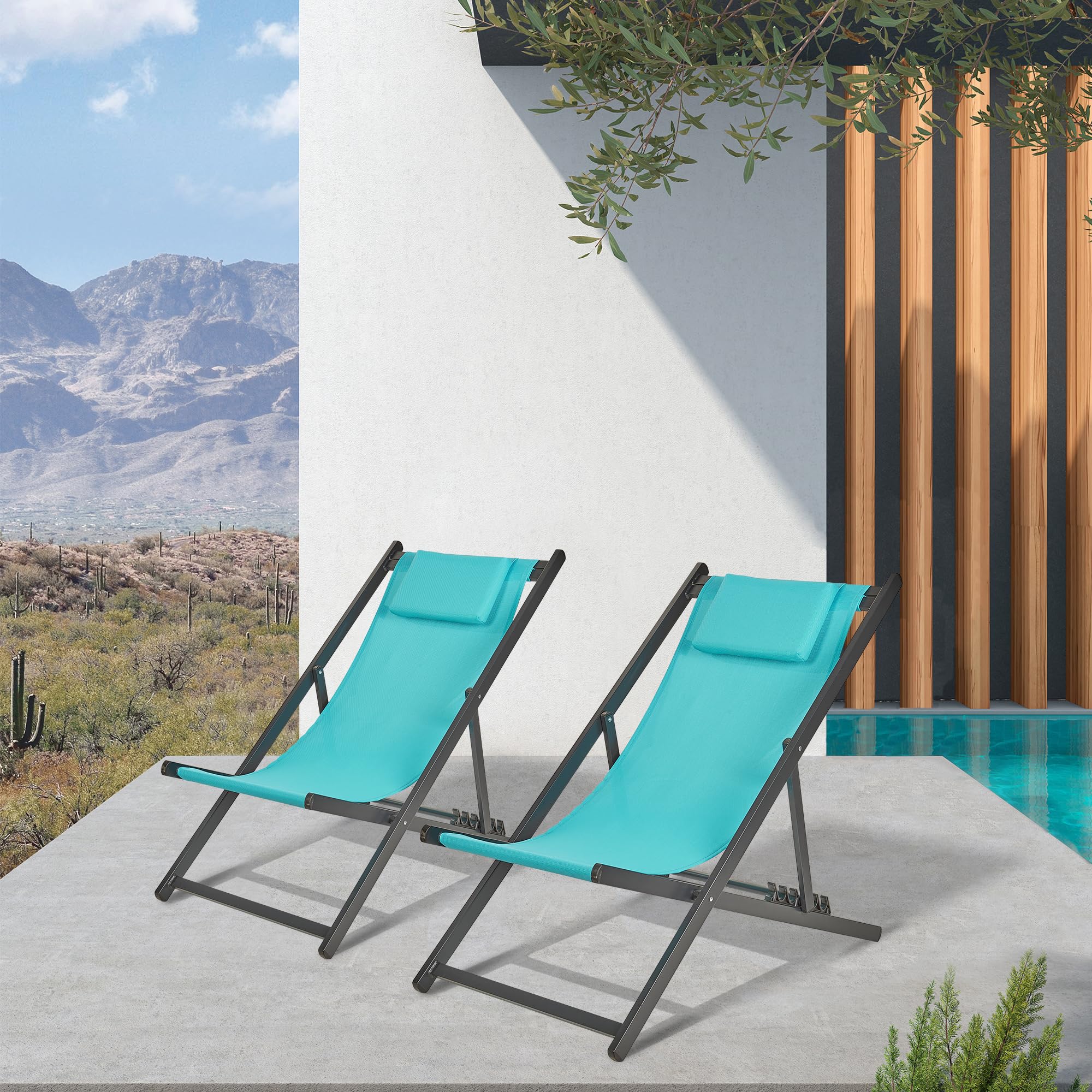 PURPLE LEAF Outdoor Reclining Lounge Chairs Set of 2 - Adjustable Patio Sling Chairs with Aluminum Frame & Cushioned Headrest - Blue - Perfect for Poolside, Backyard Relaxation & Outdoor Lounging