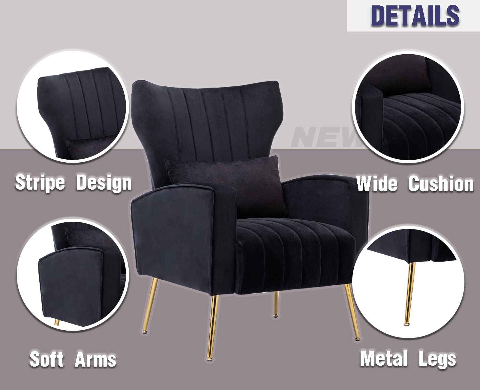 Kmax Velvet Accent Chair - Mid-Century Modern Armchair with Gold Metal Legs & Wingback Design, Includes Soft Pillow (Set of 2, Black) - Perfect for Bedroom Seating, Living Room Decor, Vanity Area & Cozy Reading Nook