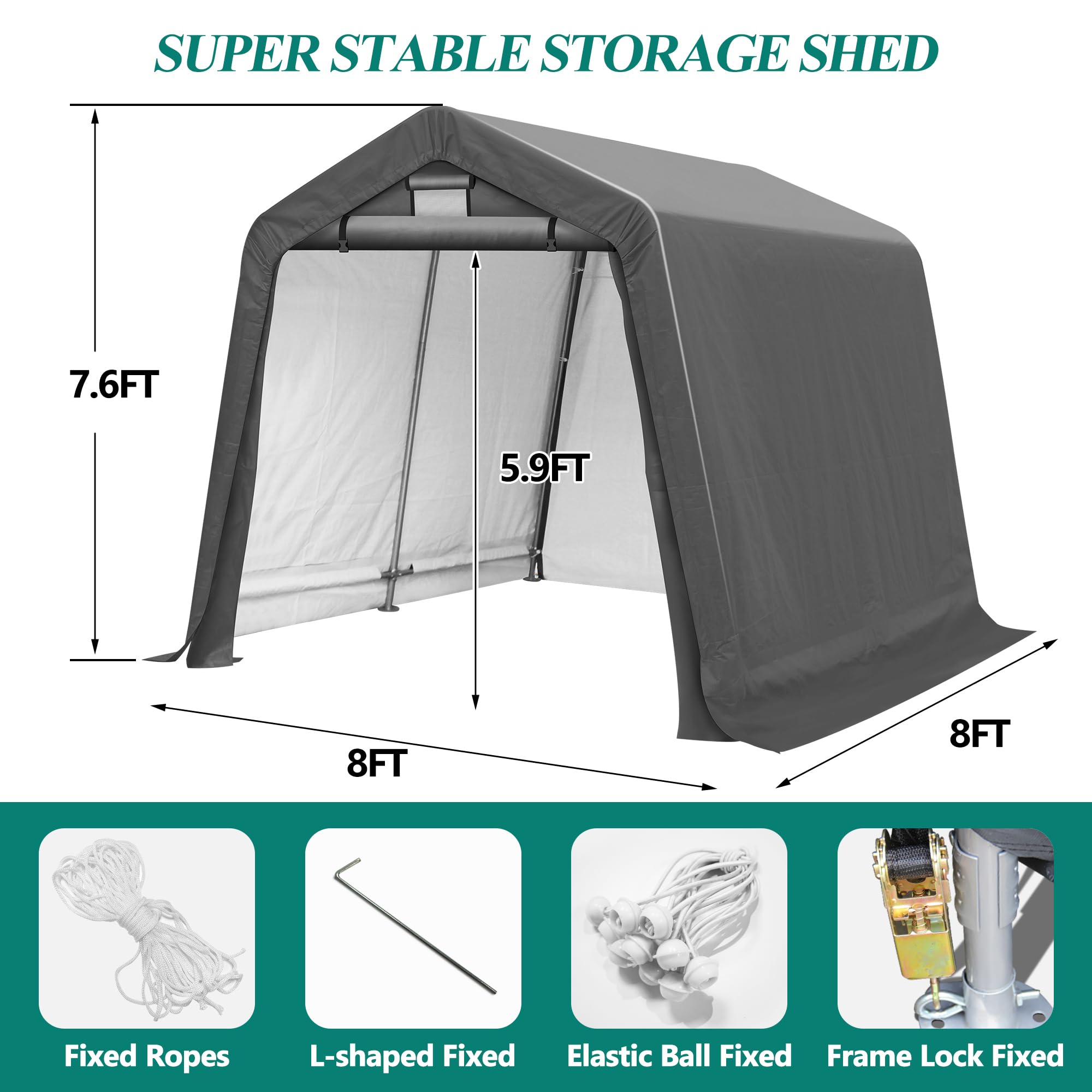 Heavy Duty 8x8 Outdoor Storage Shed Tent with Roll-up Ventilated Windows - Portable Garage Shelter for Bike, ATV, Motorcycle - Waterproof & UV Resistant - Perfect for Backyard, Patio, and Driveway Storage (Gray)