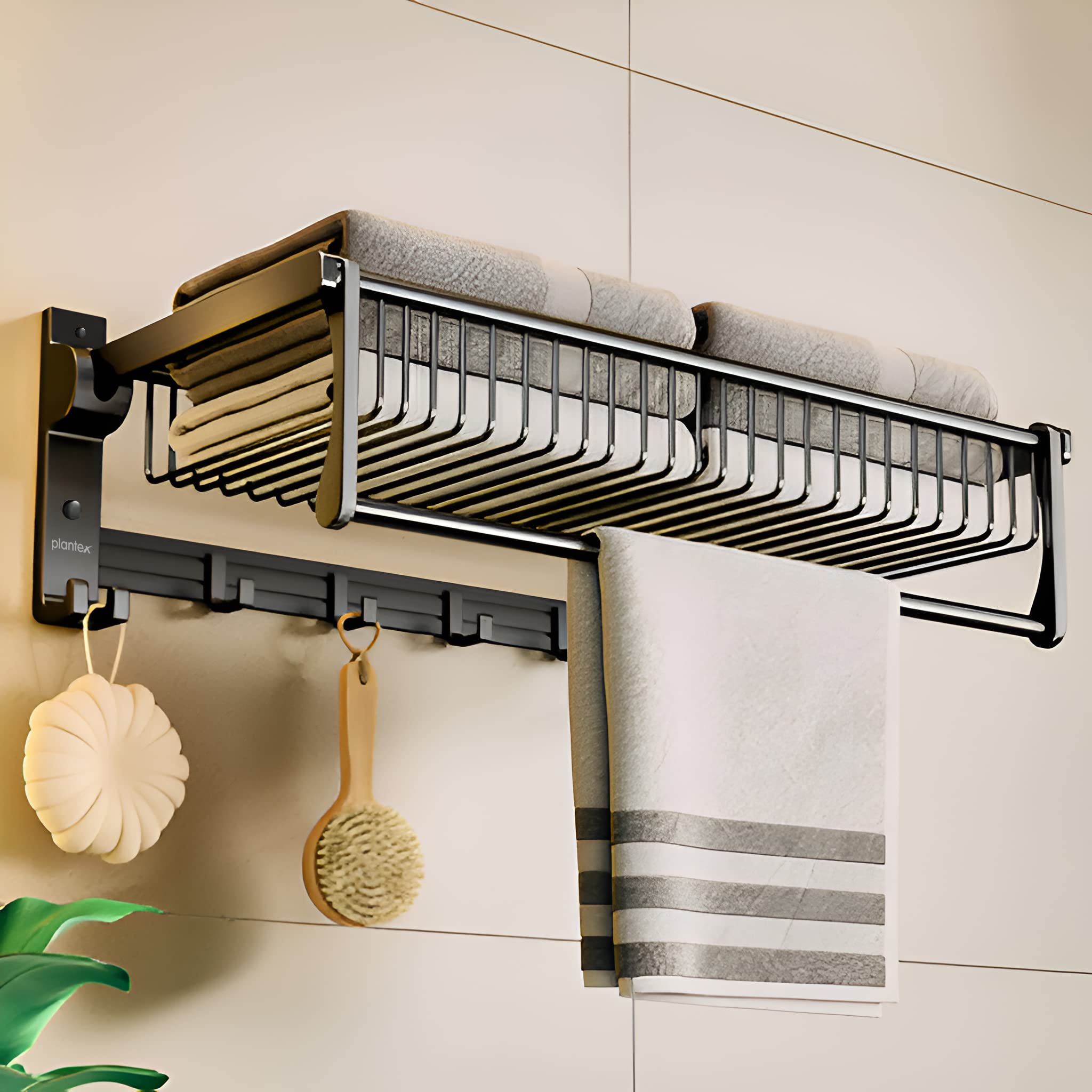Plantex Aluminum Towel Rack with Hooks - Black Bathroom Organizer for Towels, Robes & Accessories | Space-Saving Wall Mounted Storage Solution for Bathrooms, Laundry Rooms & Kitchens