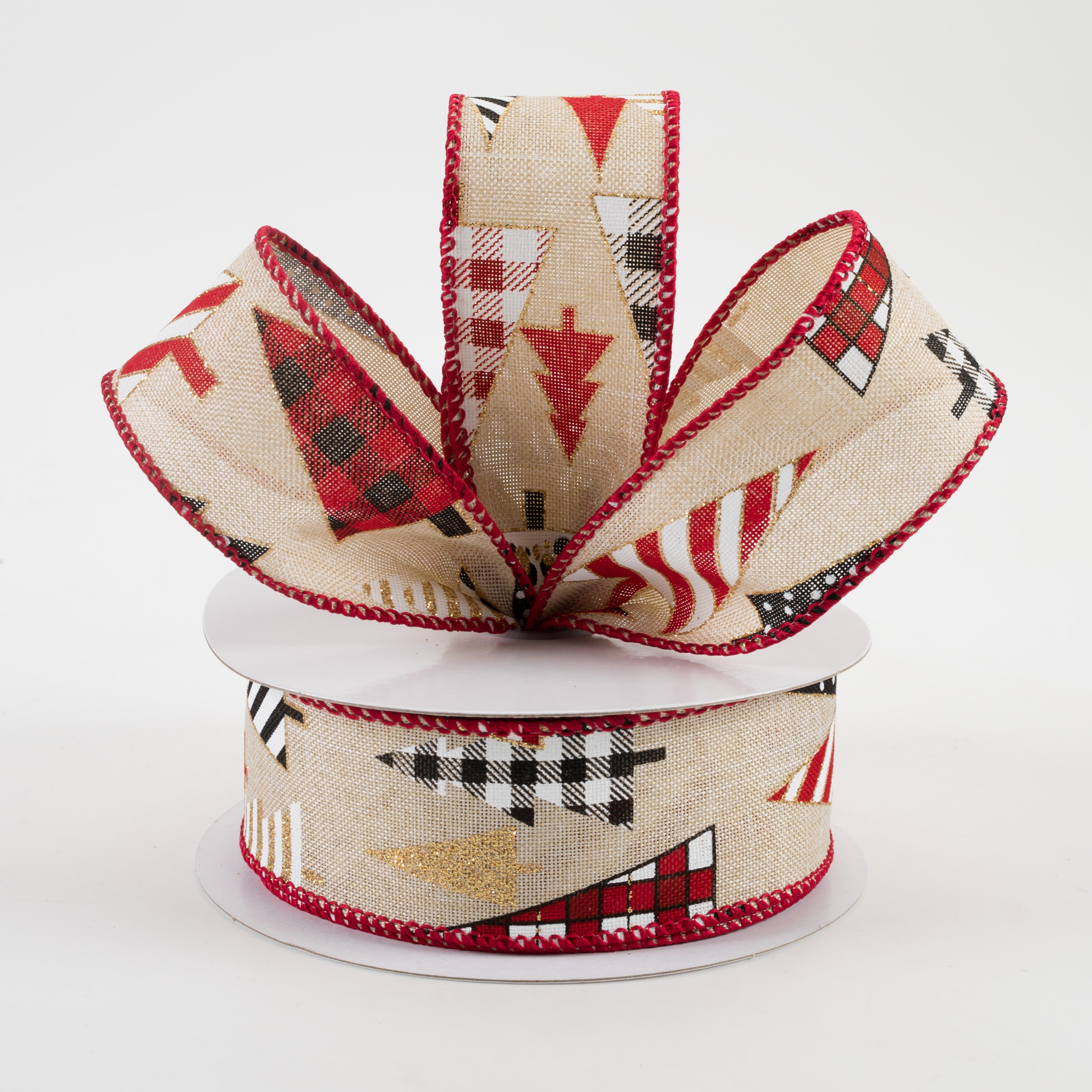 1.5 Inch Patterned Trees Linen Ribbon - Natural, Red, Black, White, Gold (10 Yards) - Perfect for Christmas Gift Wrapping, DIY Crafts, and Holiday Decorations