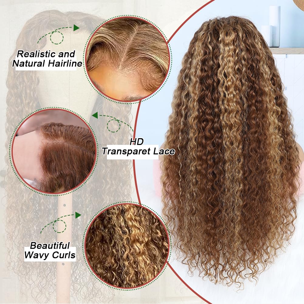 Azibo Honey Blonde HD Lace Front Wig 200% Density Human Hair - 26 Inch Water Wave Ombre 4/27 Highlight 13x5 Full Lace Wig Pre-Plucked for Natural Look | Perfect for Daily Wear, Cosplay, and Special Occasions