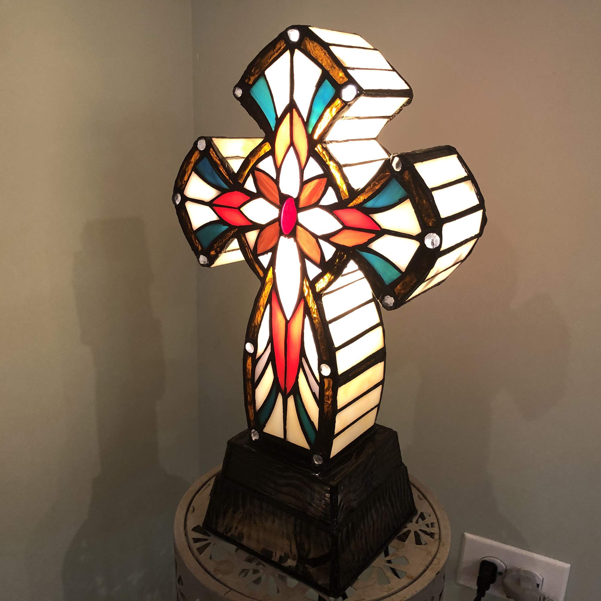 FixtureDisplays Tiffany Style Lighted Cross Tabletop Decor - Stainless Steel & Glass Christian Gift with LED Lamp (7.5