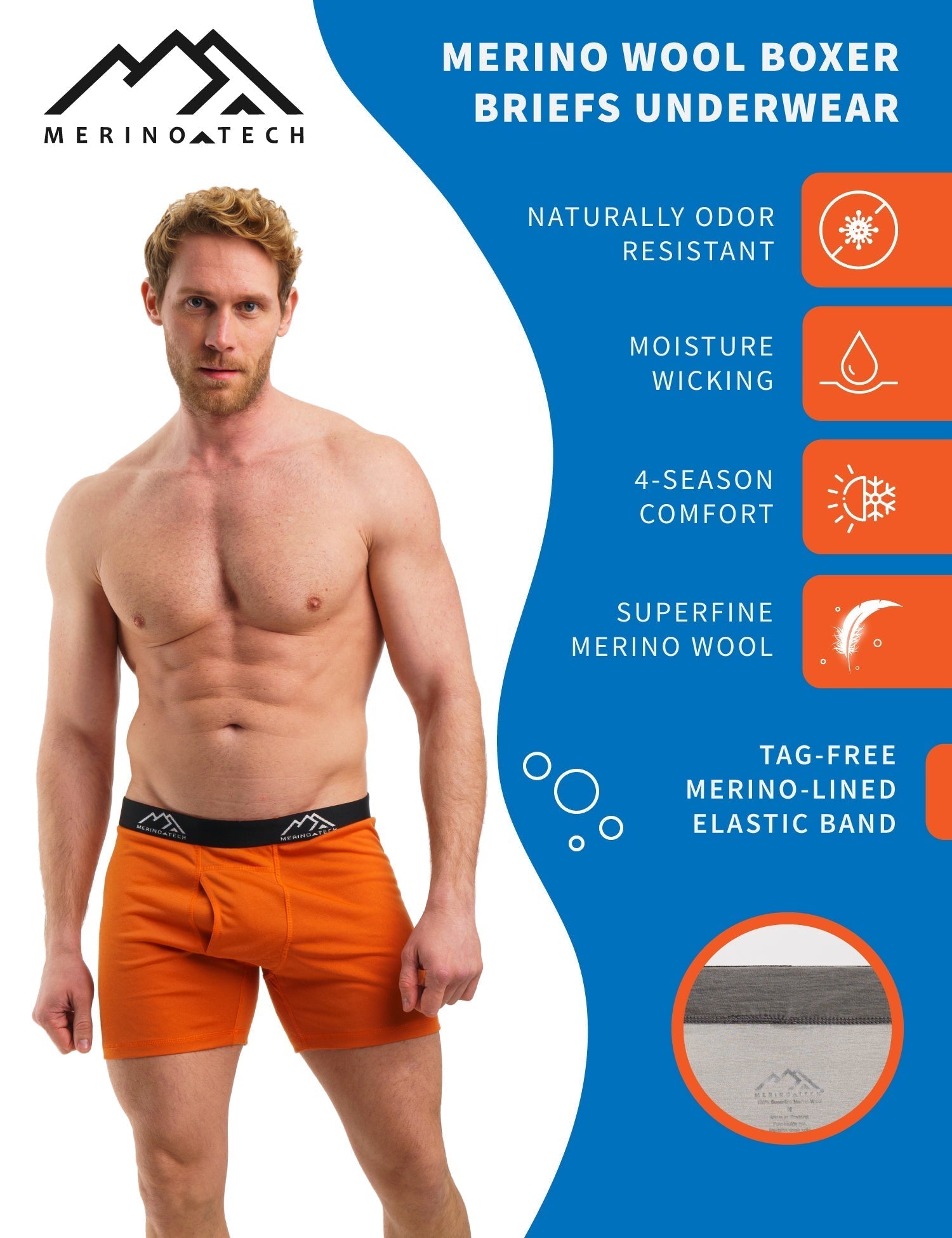 Premium Men's Merino Wool Boxer Briefs - 170g Soft & Breathable Underwear in Rusty Orange - Perfect for Travel, Hiking & Outdoor Adventures