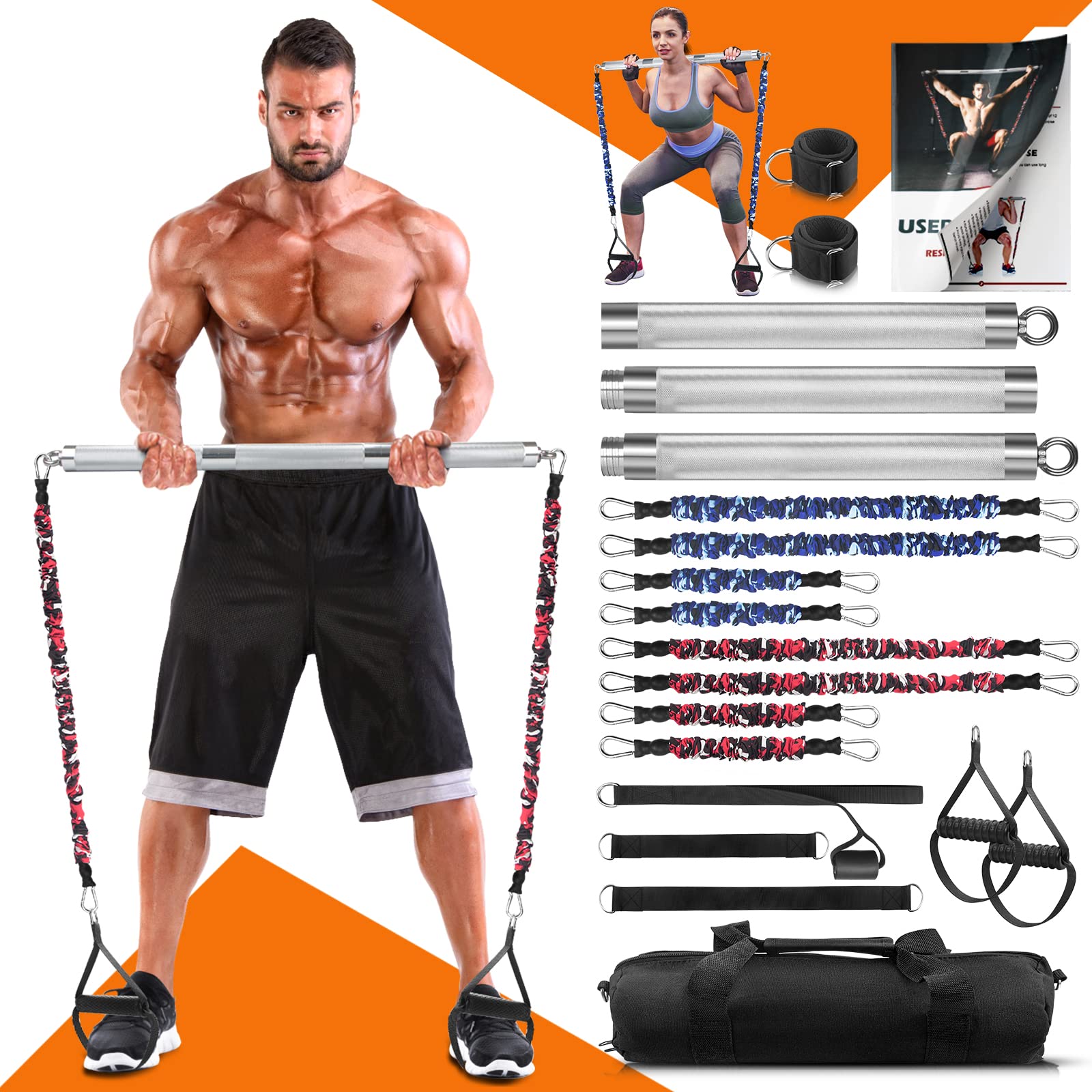 DASKING Portable Home Gym Resistance Band Set - 8 Anti-Break Stackable Bands, Detachable 500LBS 2-in-1 Pilates Bar for Full Body Workout | Strength Training, Yoga, Pilates & Home Fitness Equipment