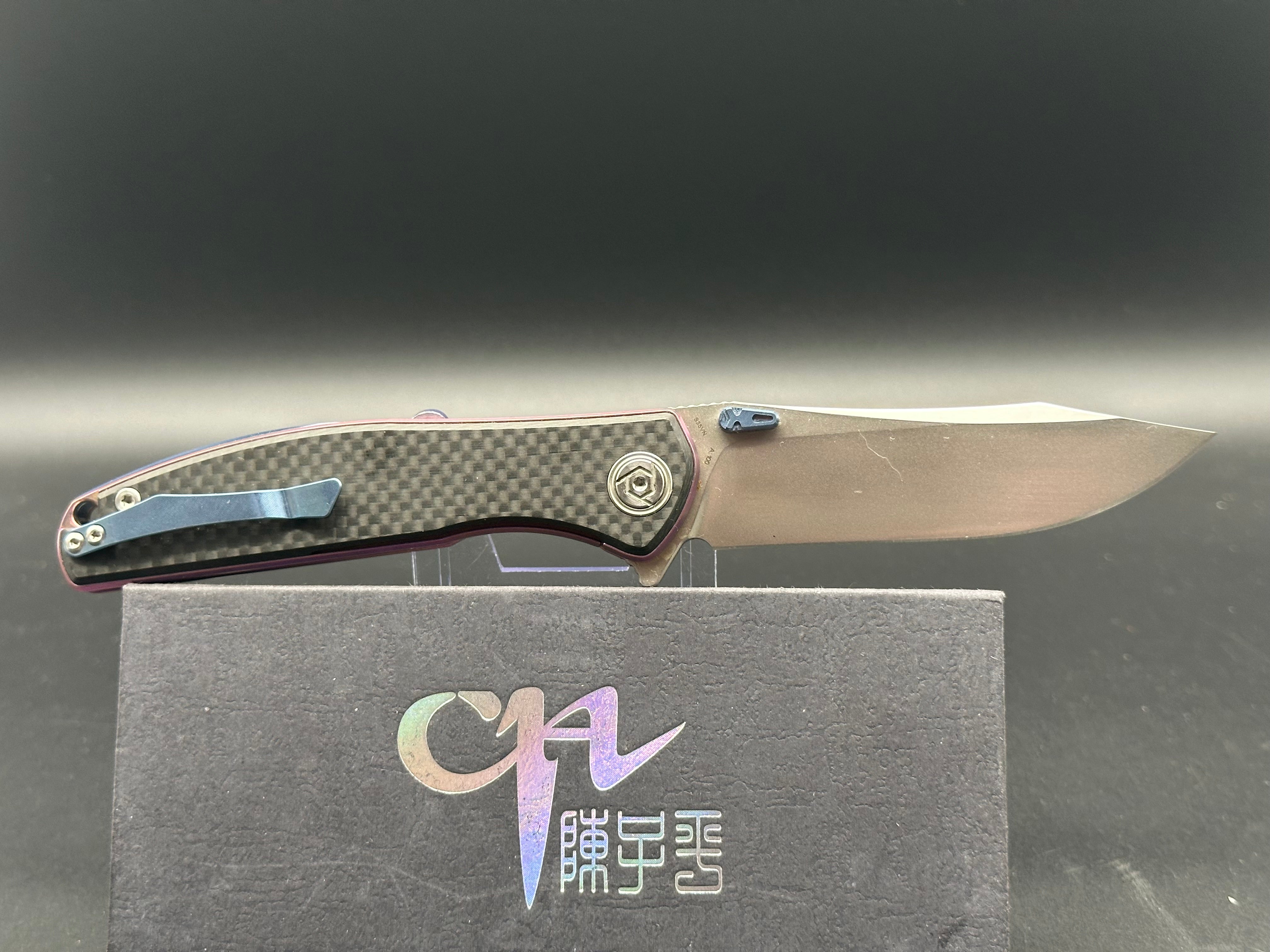CH Knives CH3516 Folding Pocket Knife - S35VN Steel Blade, Purple Titanium Frame & Carbon Fiber Scales - EDC, Camping, Outdoor Survival Tool