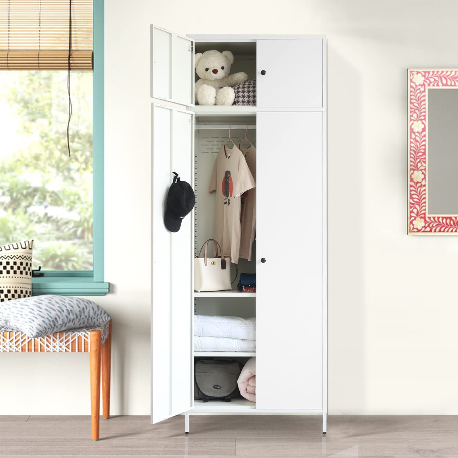 BESFUR Freestanding Wardrobe Closet - White Metal Armoire with Adjustable Hanging Rod & Storage Cabinet (20